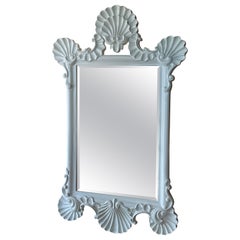 Vintage Large Palm Beach White Satin Lacquered Shell Seashell Wall Mirror