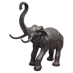 Vintage Large Patinated Brass or Bronze Asian Elephant Signed "La Puce"