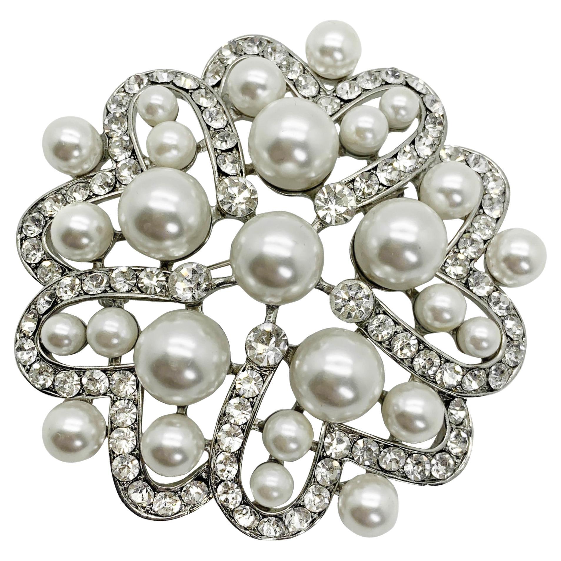 Große Vintage-Brosche aus Perlen und Kristall 1990er Jahre