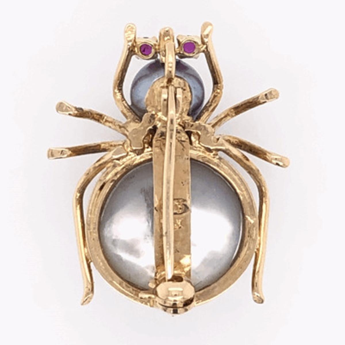 Modernist Vintage Large Pearl & Ruby Gold Spider Brooch Pin Pendant Fine Estate Jewelry