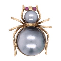 Retro Large Pearl & Ruby Gold Spider Brooch Pin Pendant Fine Estate Jewelry