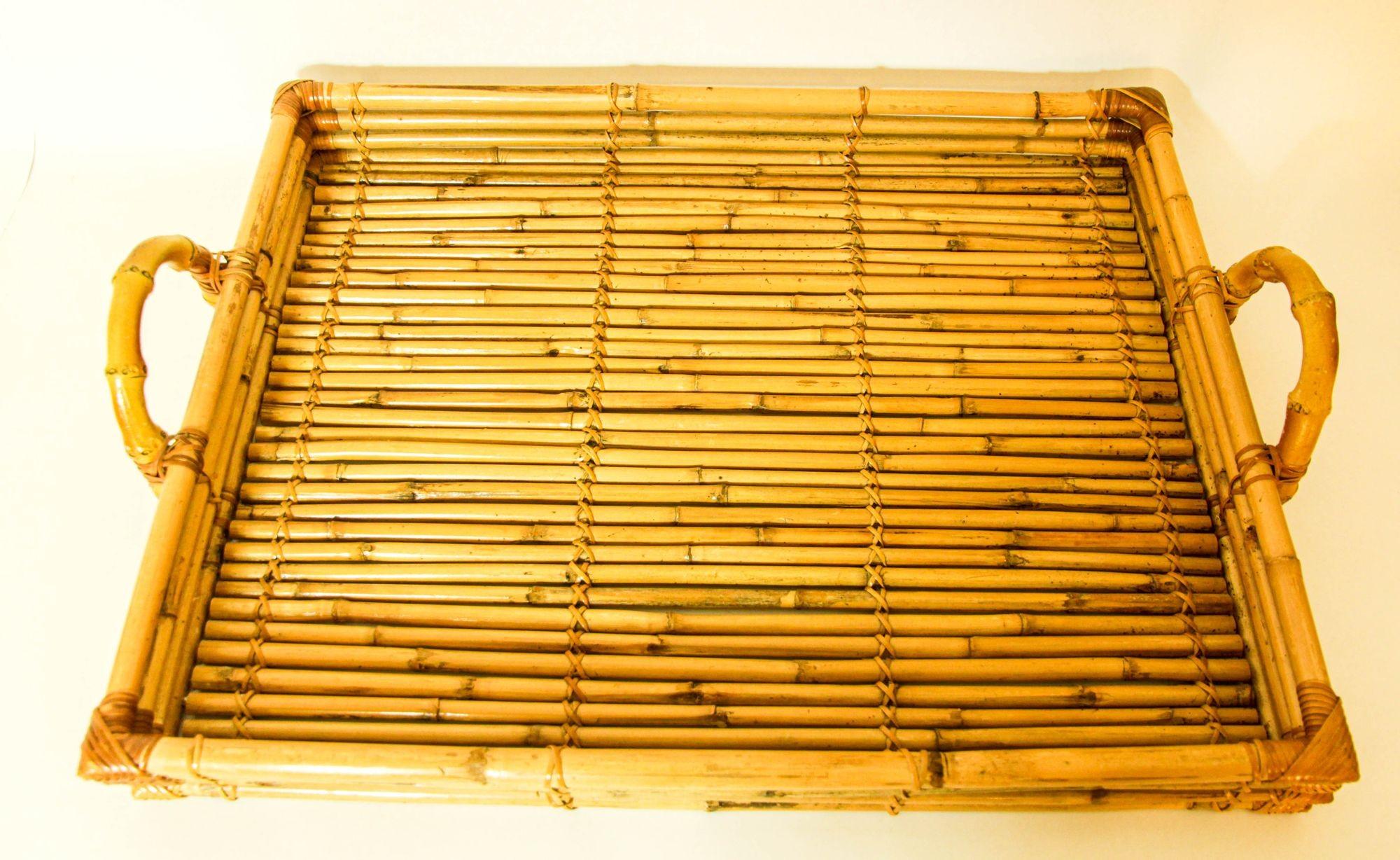 Vintage Large Pencil Rattan Bamboo Serving Tray With Handles For Sale 8