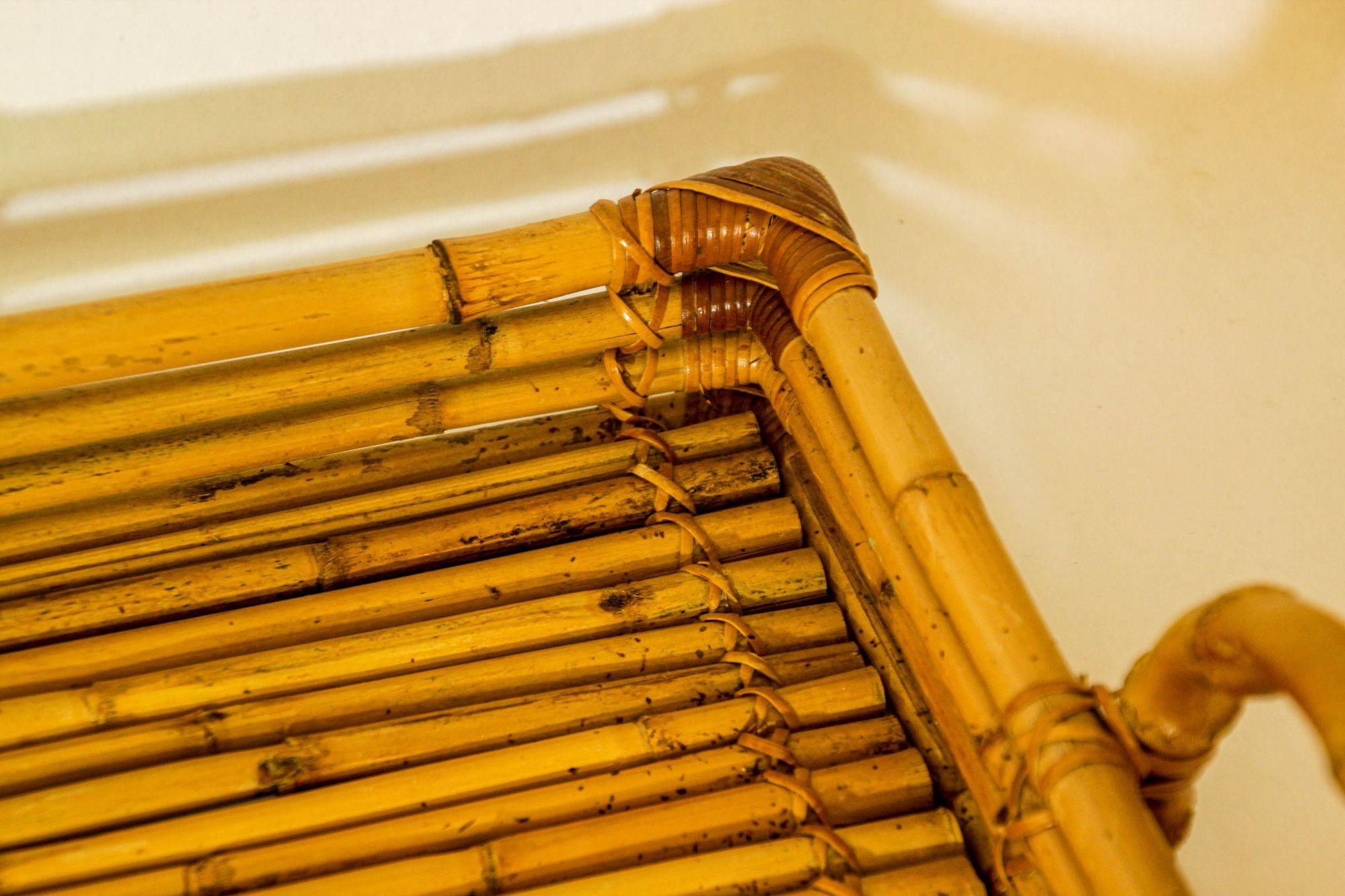 Organic Modern Vintage Large Pencil Rattan Bamboo Serving Tray With Handles For Sale