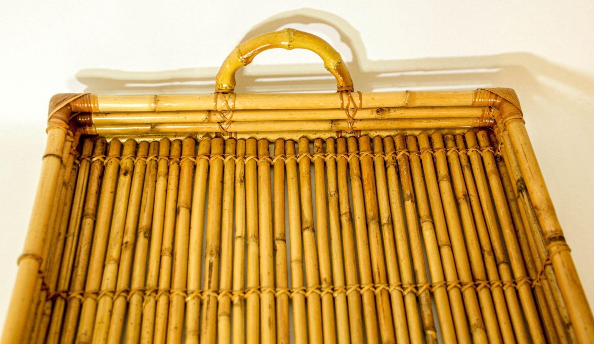 Italian Vintage Large Pencil Rattan Bamboo Serving Tray With Handles For Sale