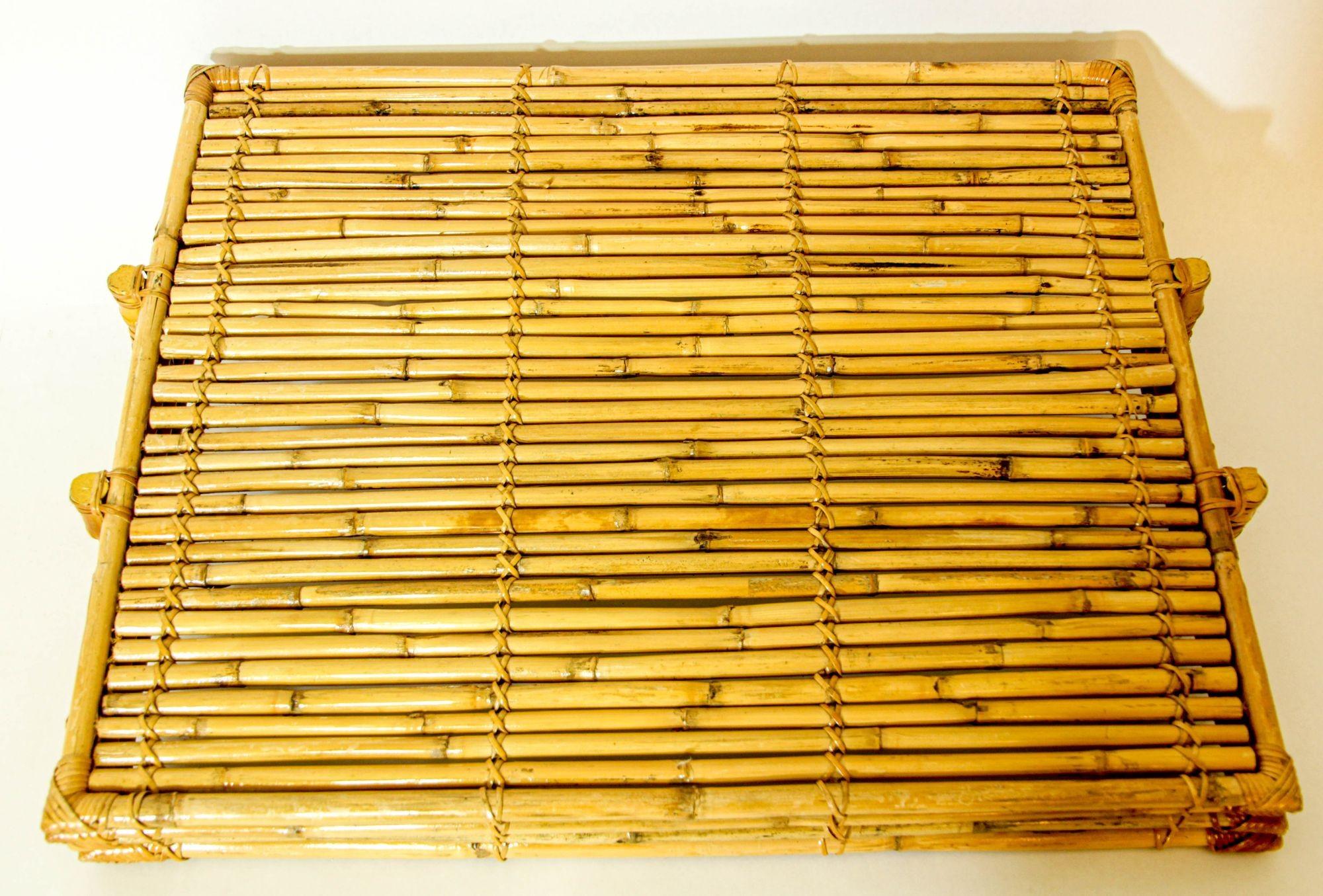 Hand-Crafted Vintage Large Pencil Rattan Bamboo Serving Tray With Handles For Sale