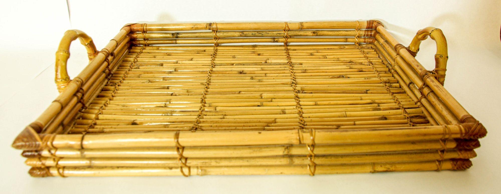Vintage Large Pencil Rattan Bamboo Serving Tray With Handles In Good Condition For Sale In North Hollywood, CA