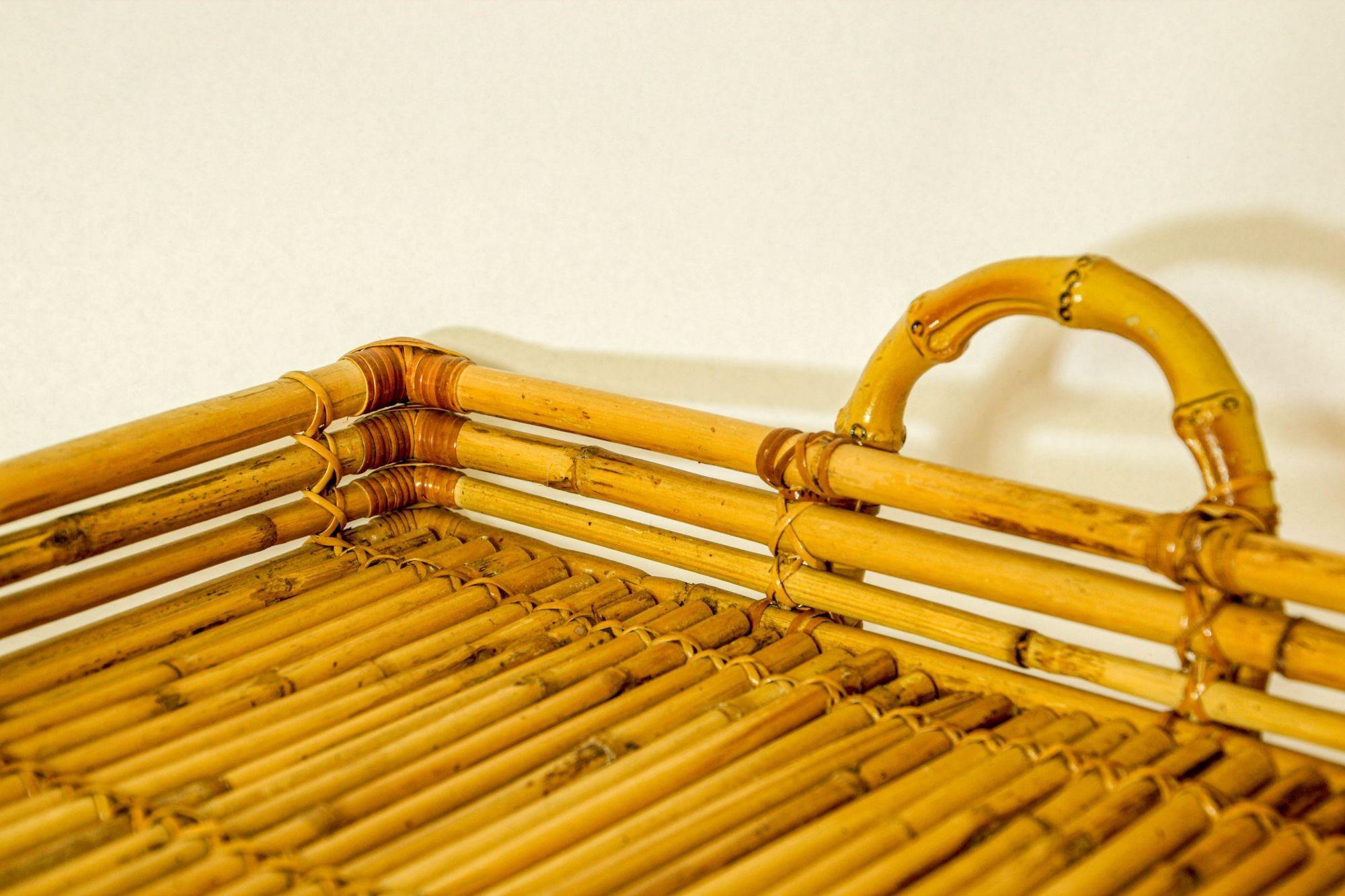 20th Century Vintage Large Pencil Rattan Bamboo Serving Tray With Handles For Sale