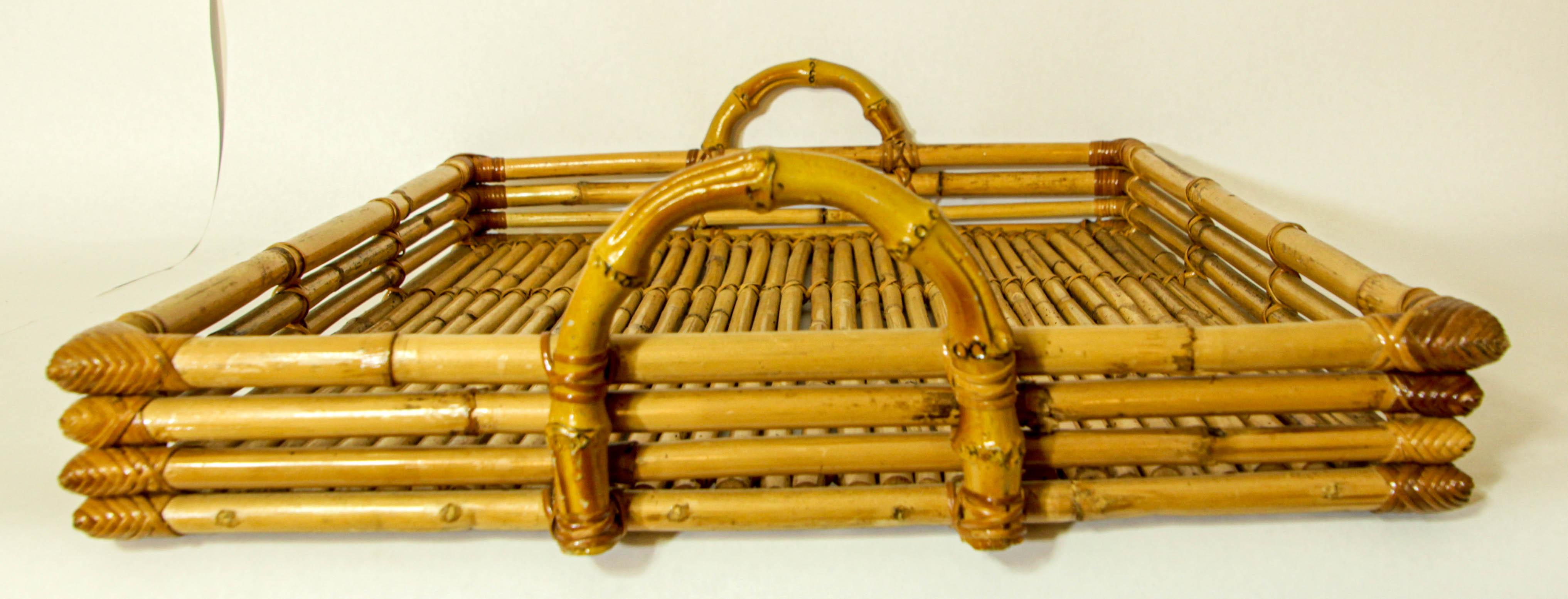 Vintage Large Pencil Rattan Bamboo Serving Tray With Handles For Sale 1