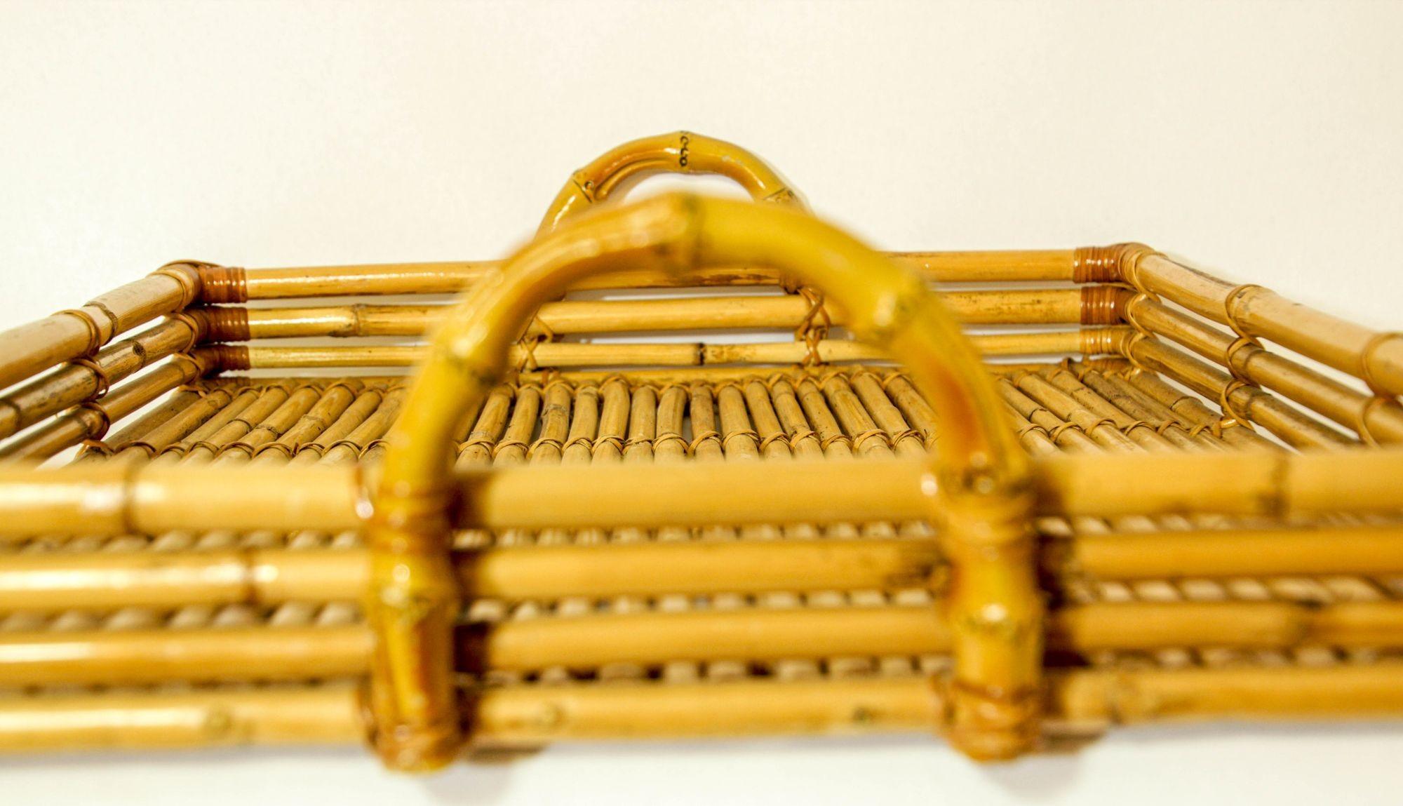 Vintage Large Pencil Rattan Bamboo Serving Tray With Handles For Sale 2