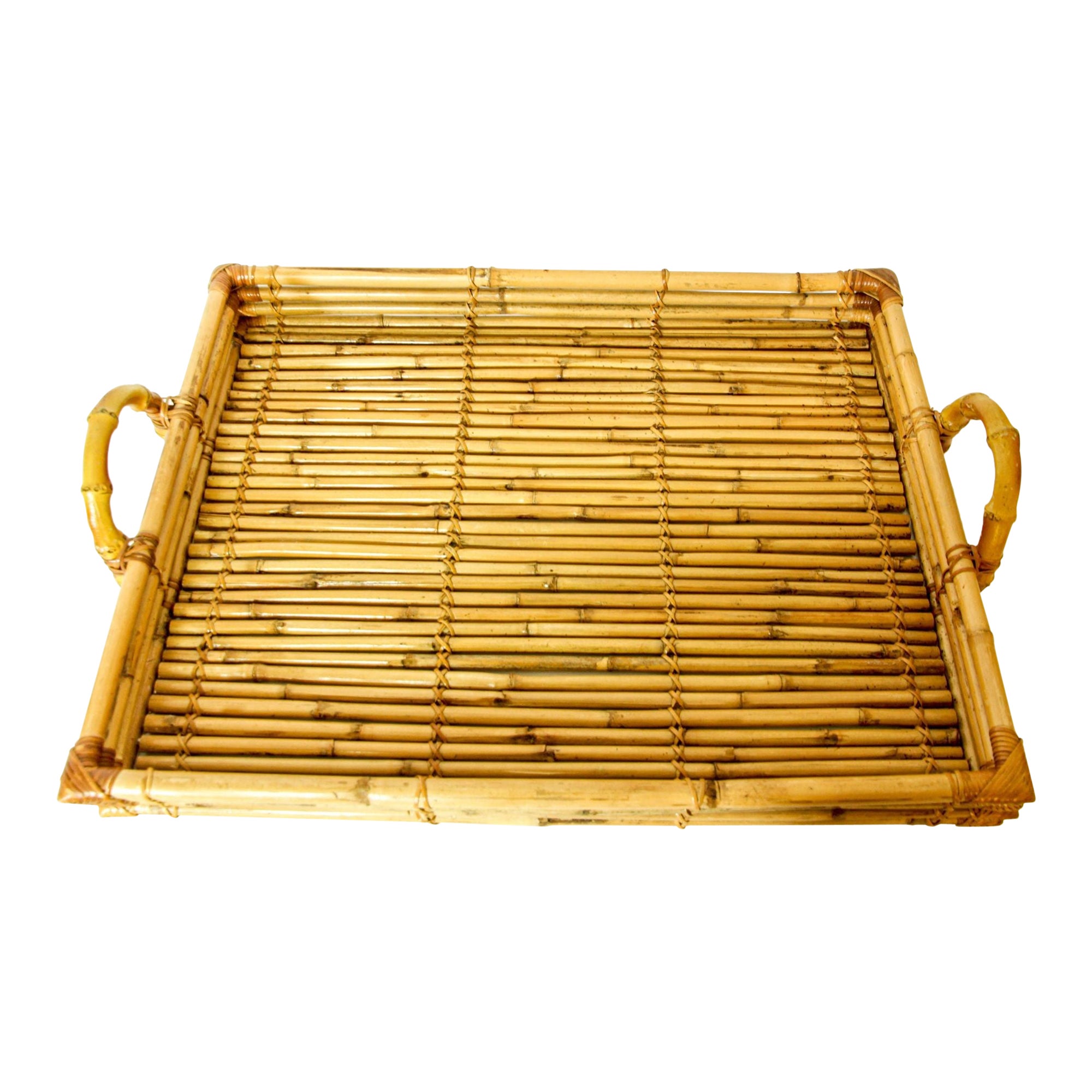Vintage Large Pencil Rattan Bamboo Serving Tray With Handles