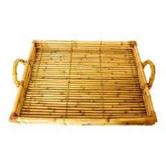 Großes Vintage-Serviertablett aus Bleistift, Rattan und Bambus mit Griffen