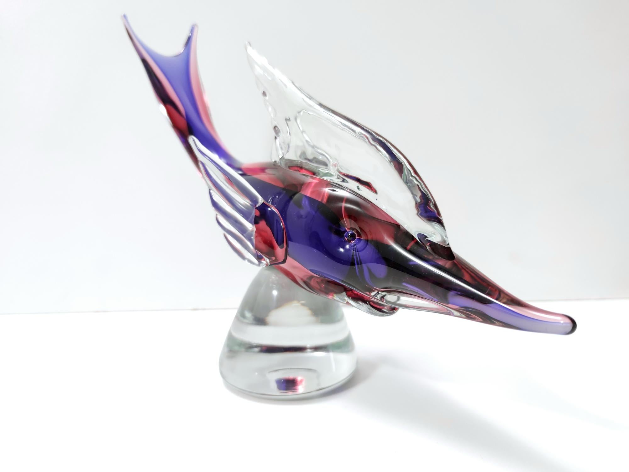 Mid-Century Modern Vintage Large Pink and Blue Murano Glass Swordfish Ascribable to Seguso, Italy For Sale