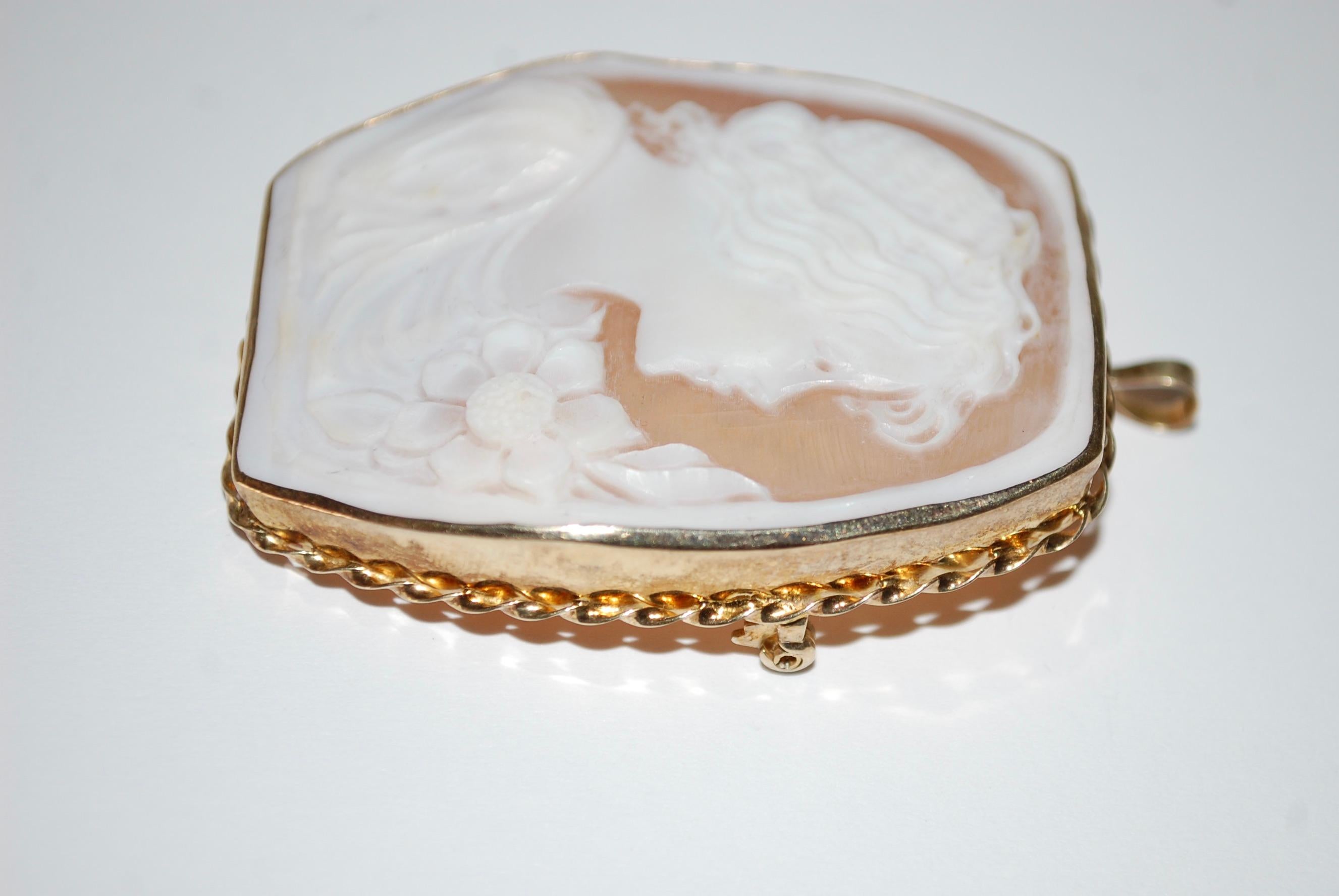 Artisan Vintage Large Pink and White Cameo Pendant with Lady with Flower