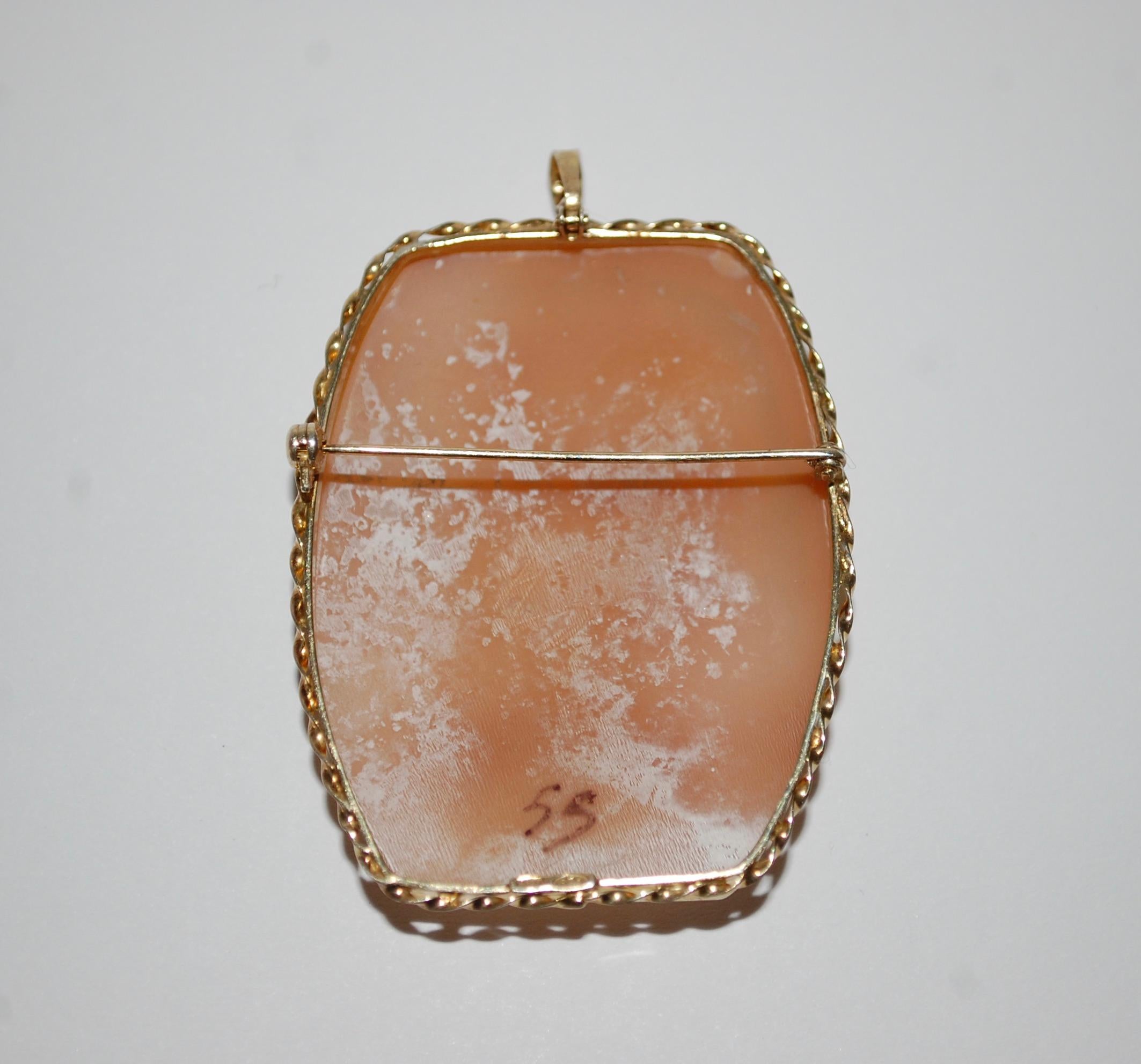 Vintage Large Pink and White Cameo Pendant with Lady with Flower In Excellent Condition In Lake Worth, FL