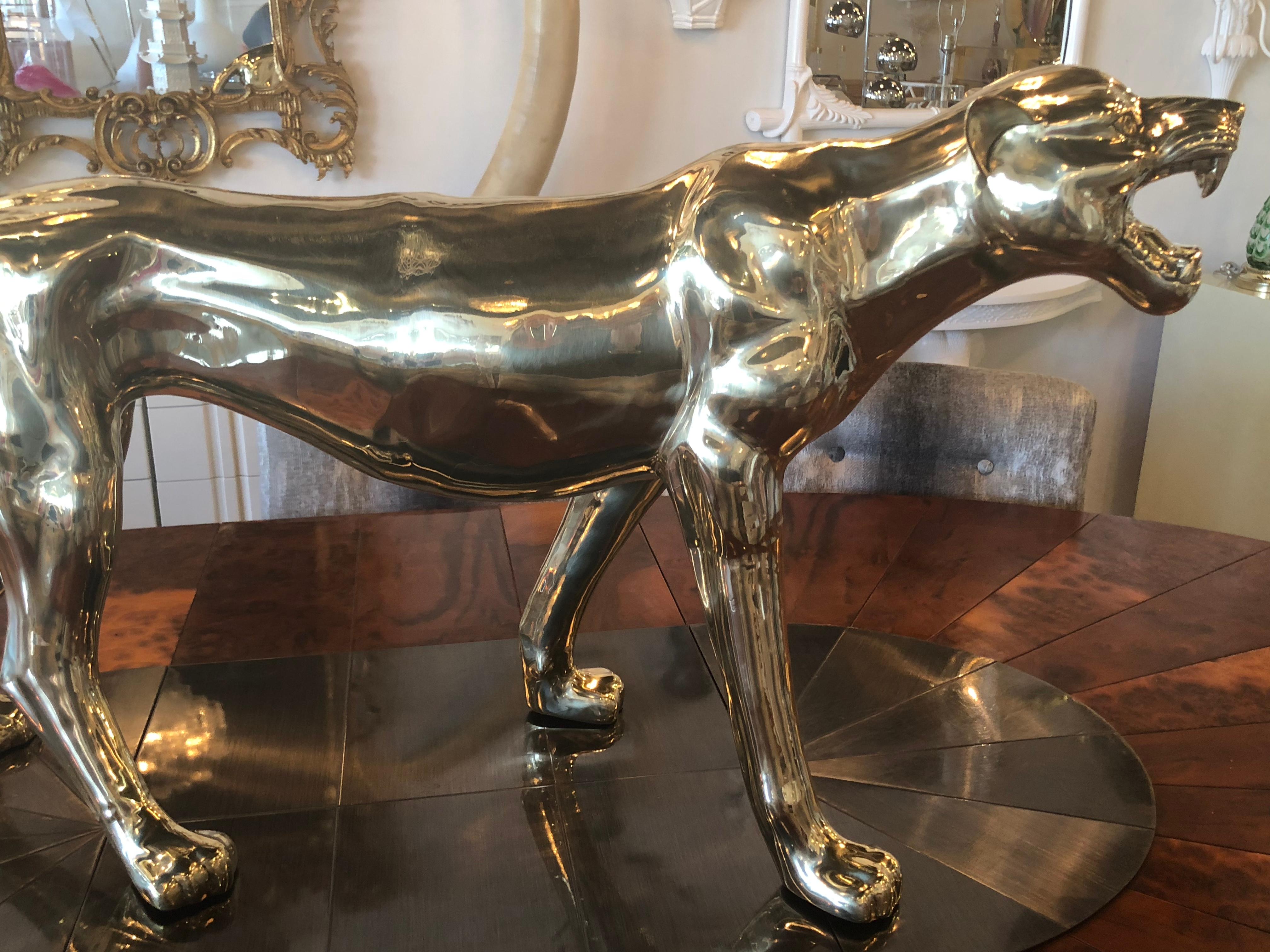 Vintage Large Polished Brass Panther Tiger Statue 2