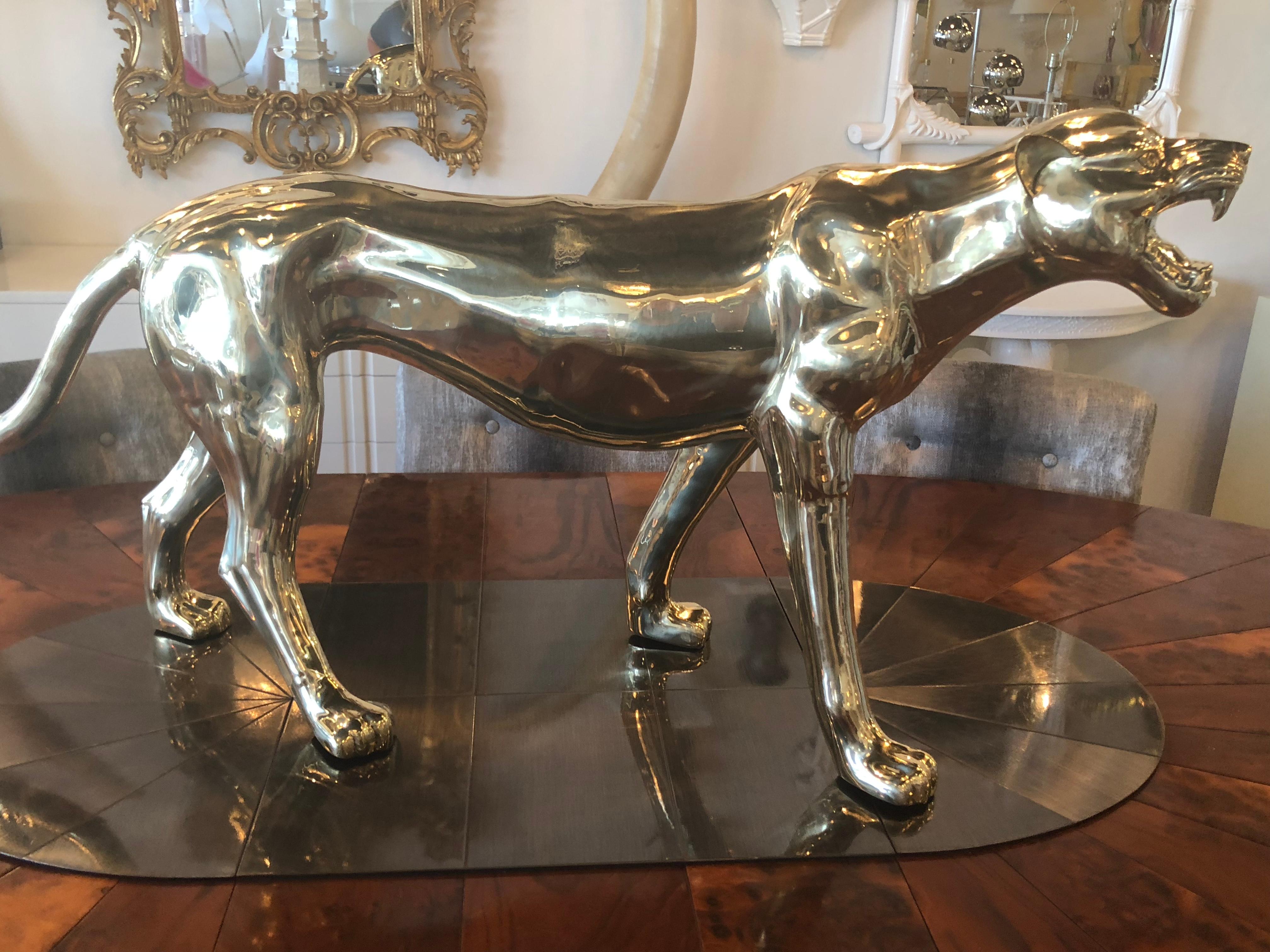 Vintage Large Polished Brass Panther Tiger Statue 3