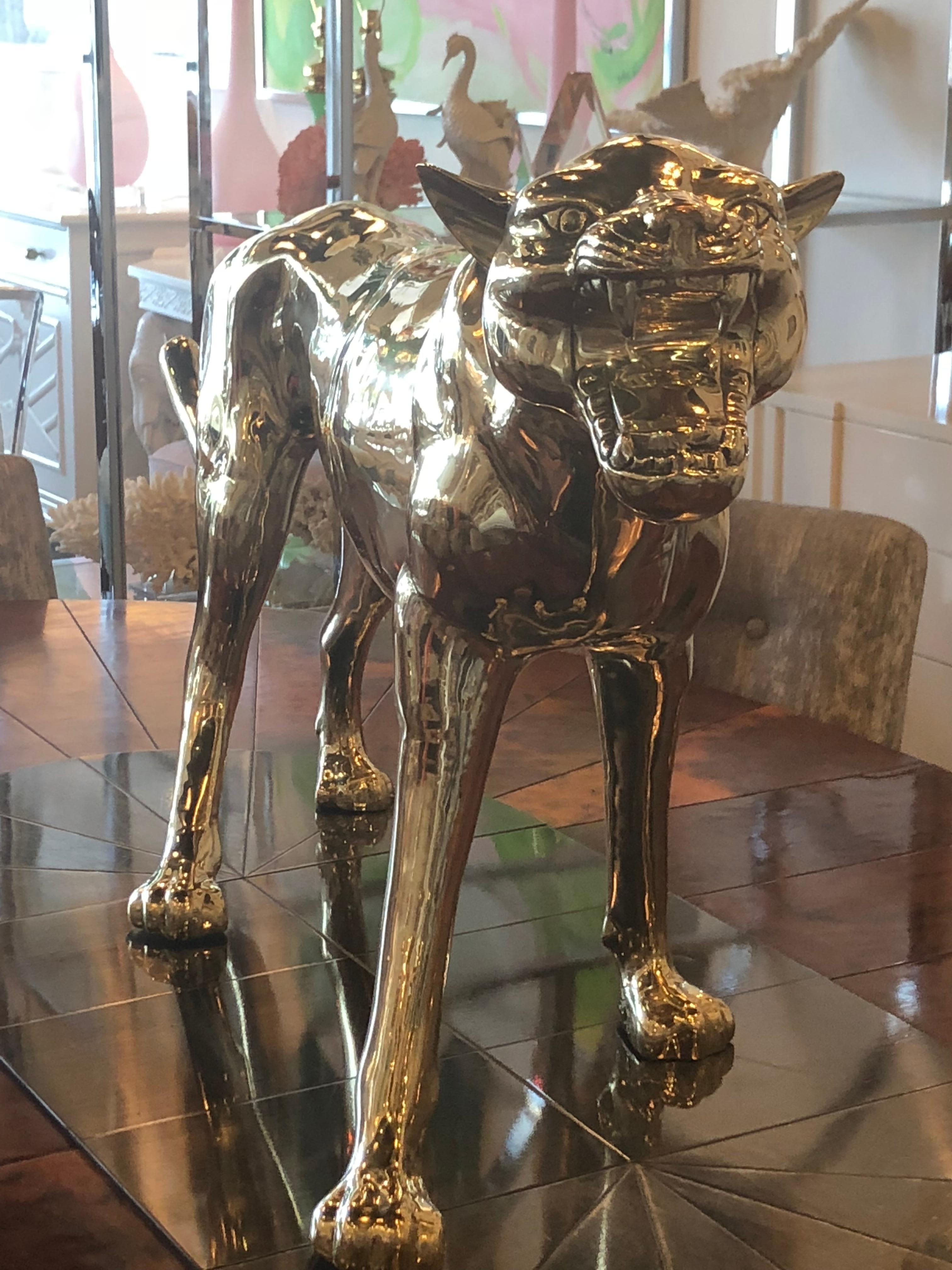 Vintage Large Polished Brass Panther Tiger Statue 4