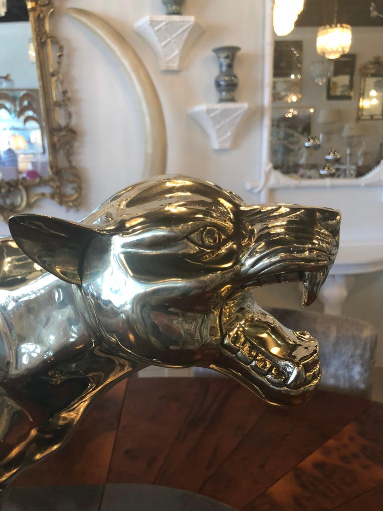 Vintage Large Polished Brass Panther Tiger Statue at 1stDibs