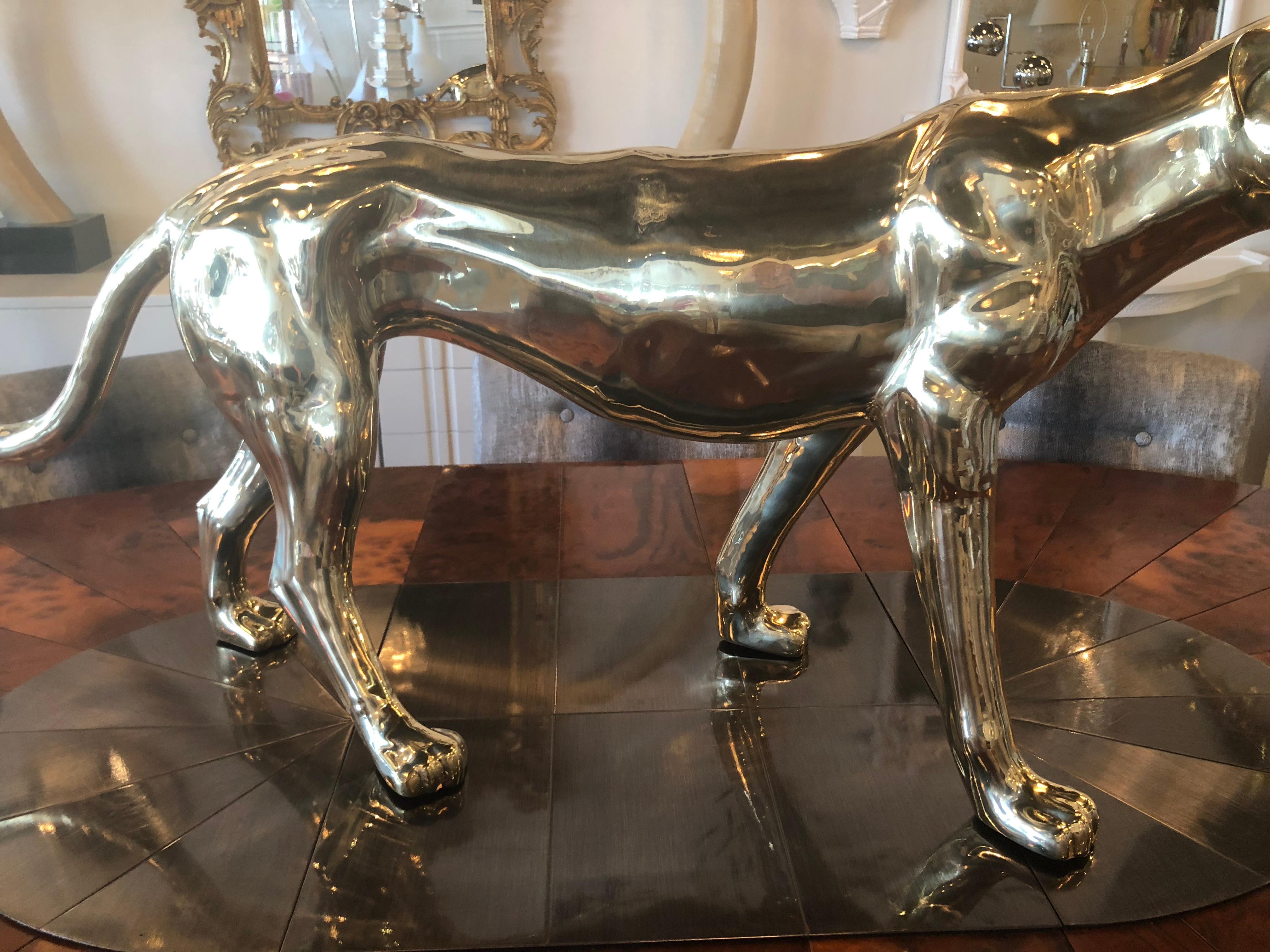 Hollywood Regency Vintage Large Polished Brass Panther Tiger Statue