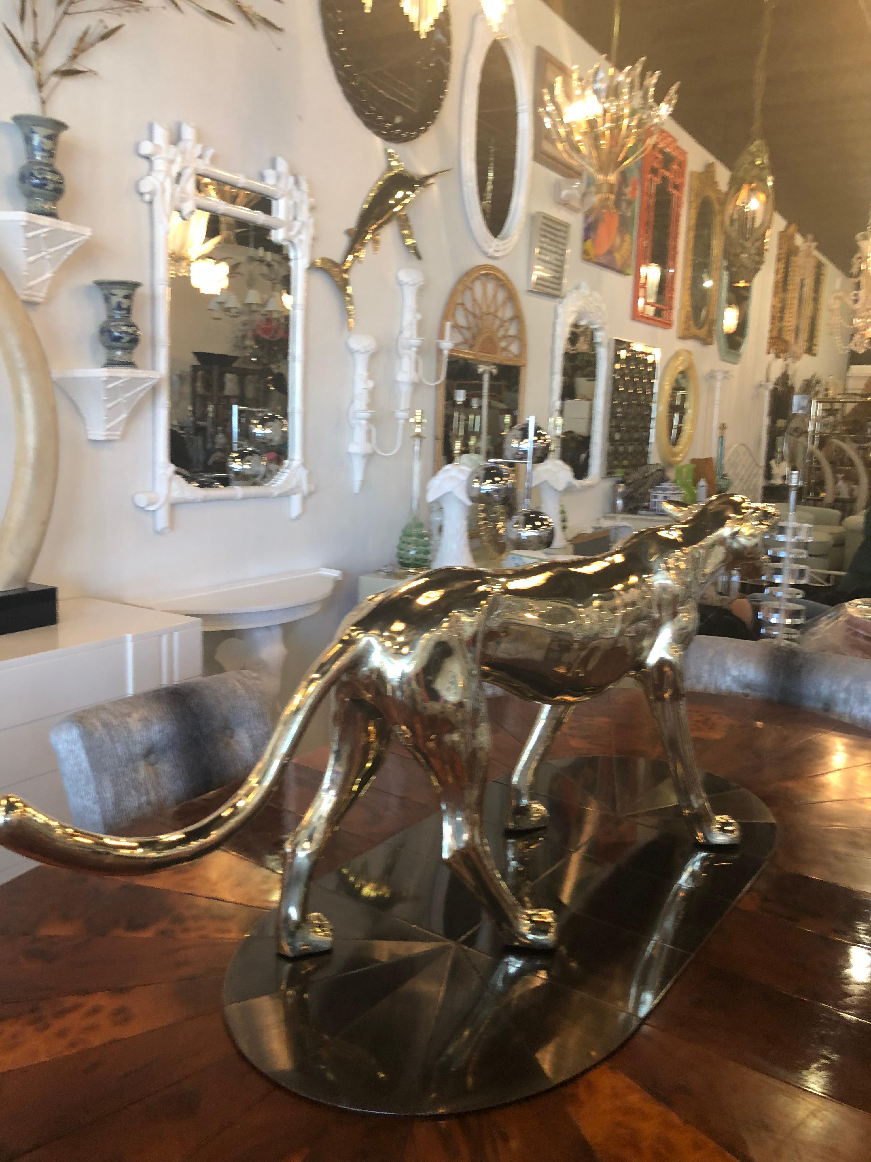 Vintage Large Polished Brass Panther Tiger Statue In Good Condition In West Palm Beach, FL