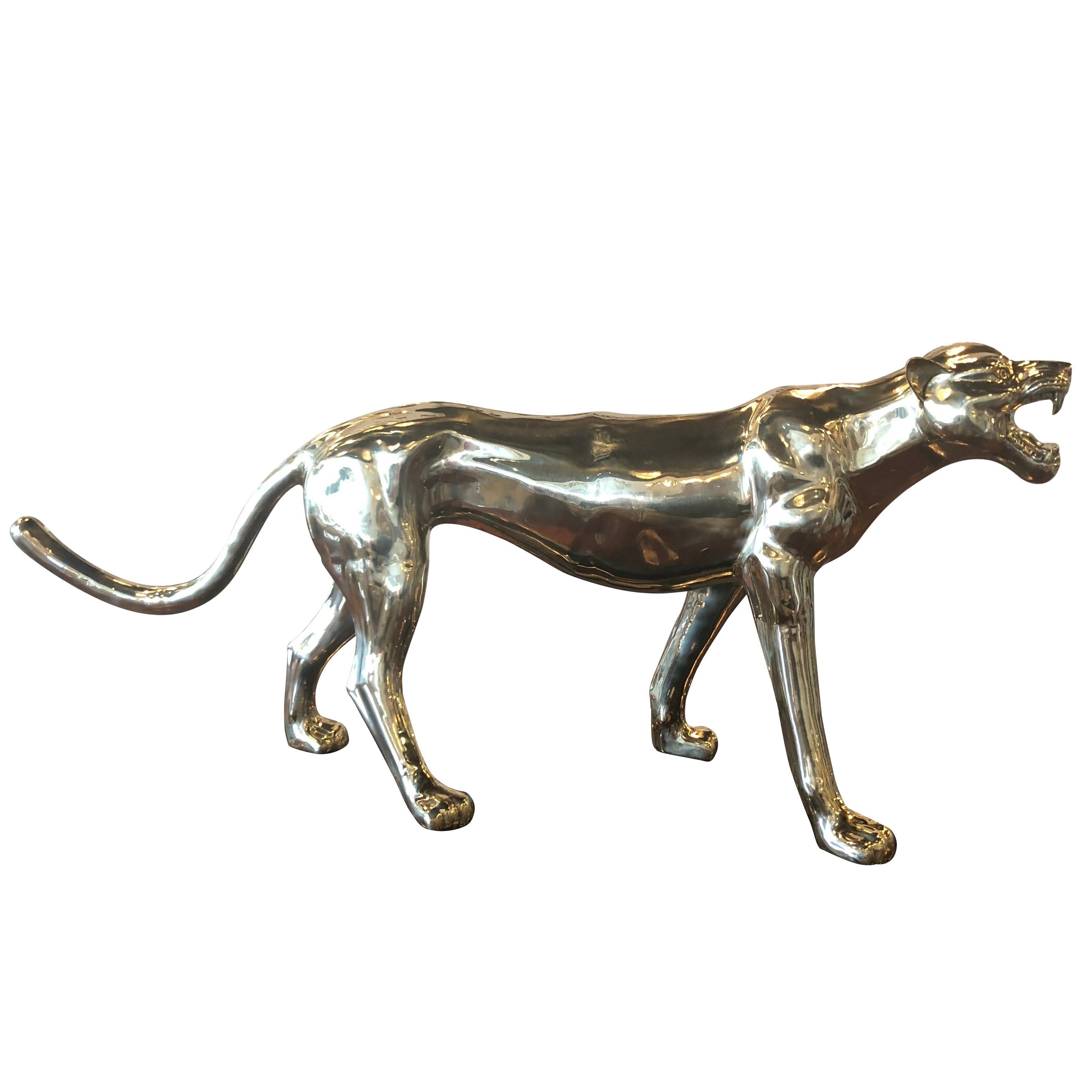 Vintage Large Polished Brass Panther Tiger Statue