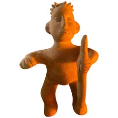 Vintage Gran Hombre de Terracota de Estilo Precolombino con Bastón
