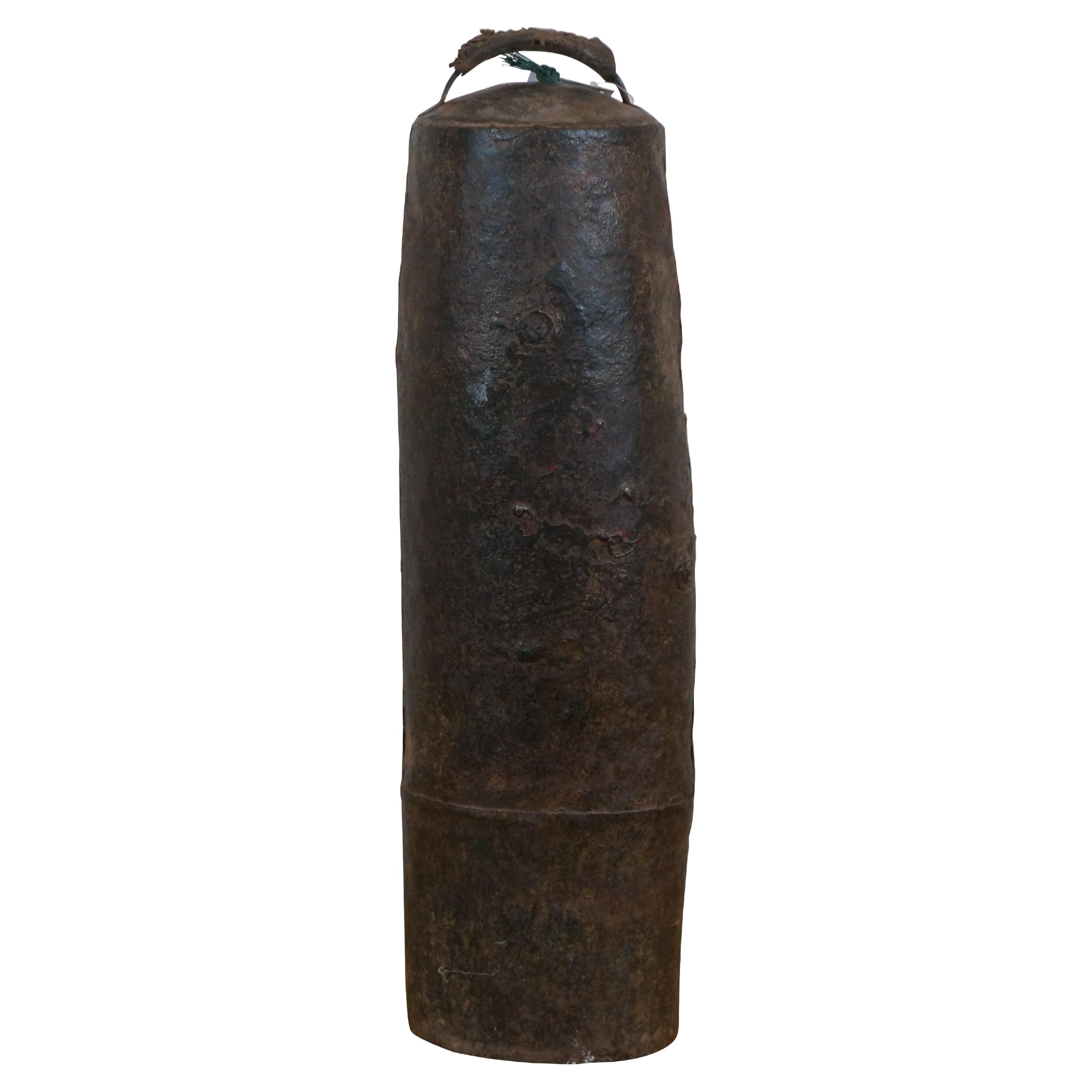 Vintage Large Primitive Iron Camel Bell With Leather Handle 24" For Sale