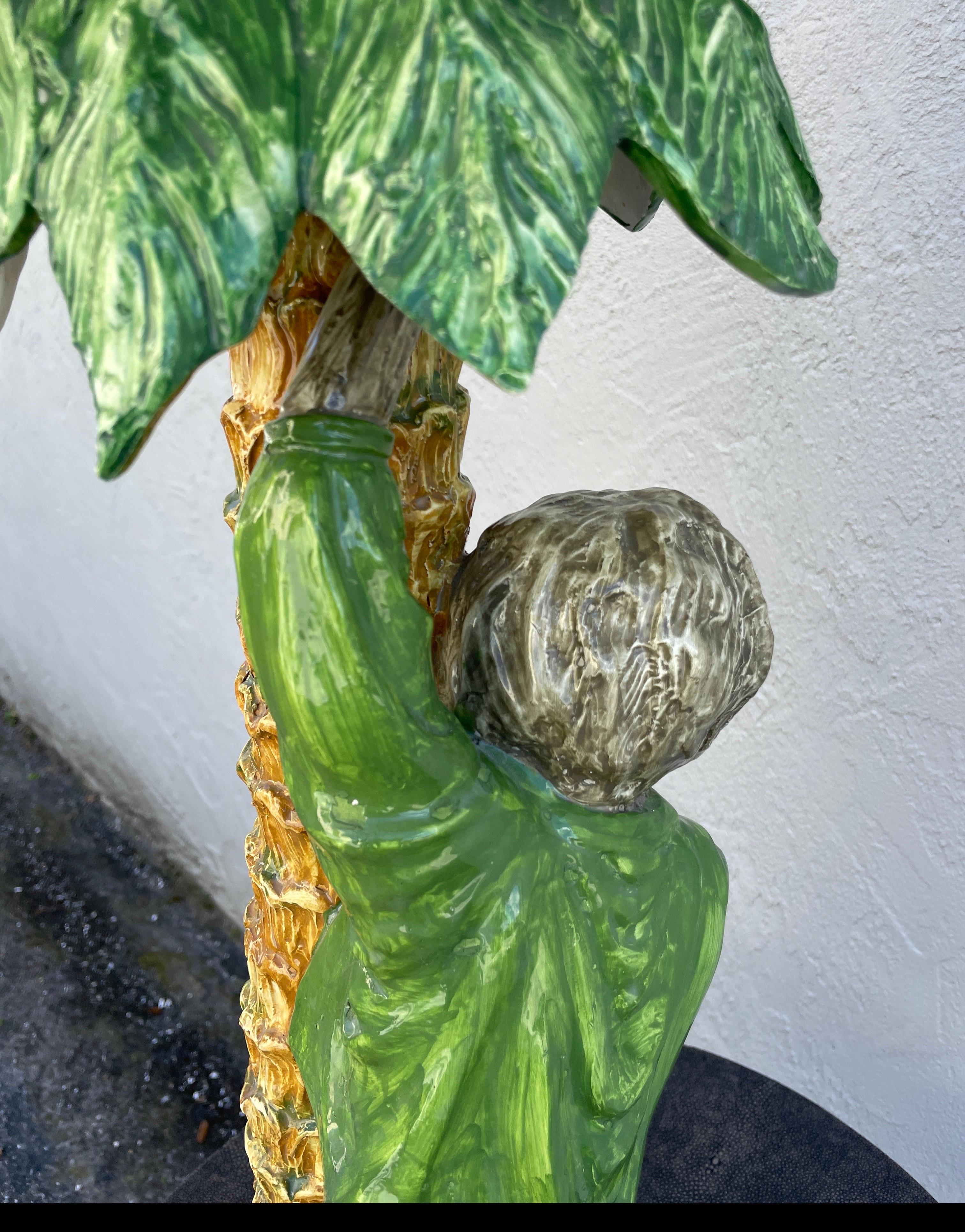 Vintage Large Rare Italian Terra Cotta Monkey & Palm Tree Table lamp For Sale 4