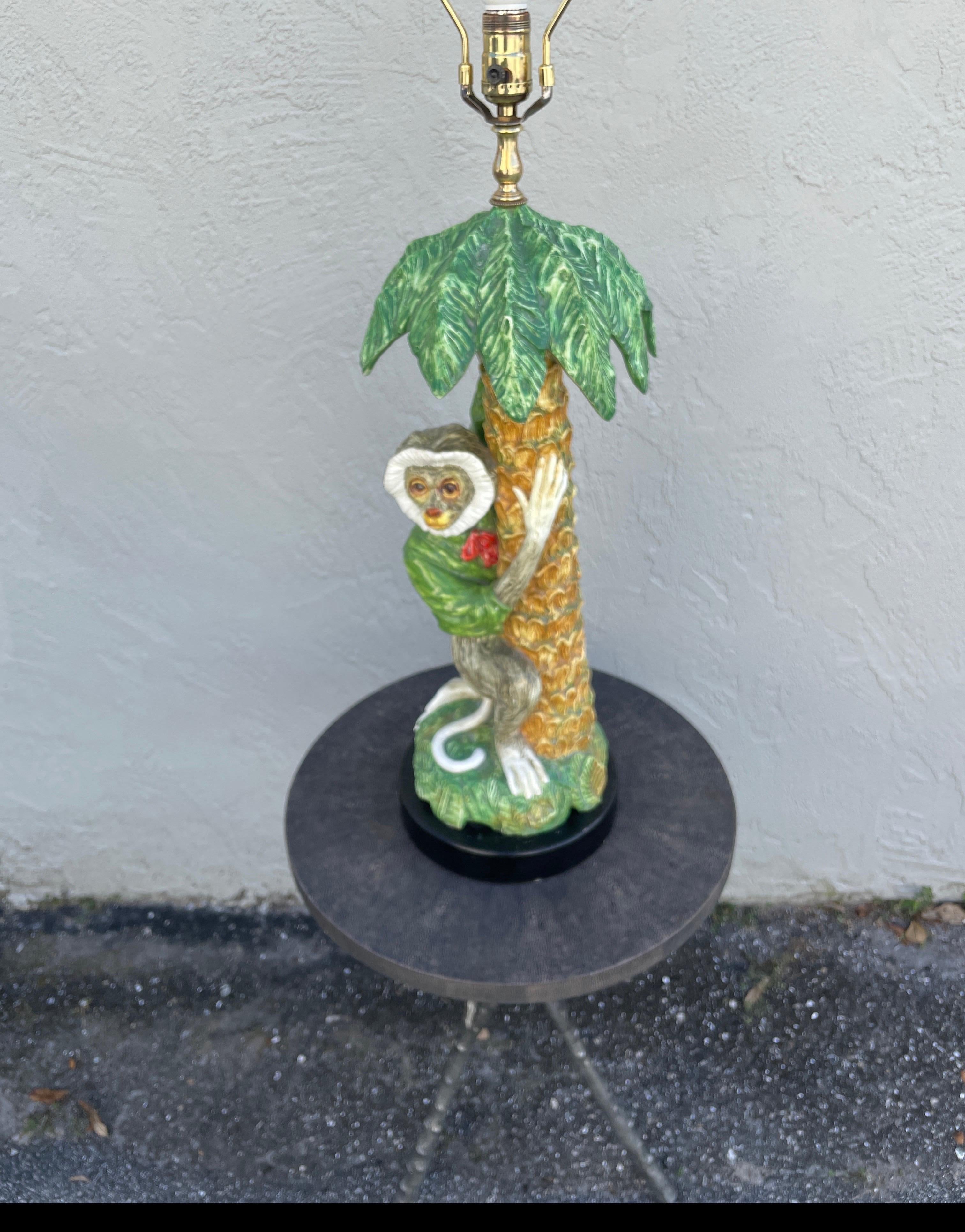 Vintage Large Rare Italian Terra Cotta Monkey & Palm Tree Table lamp For Sale 5