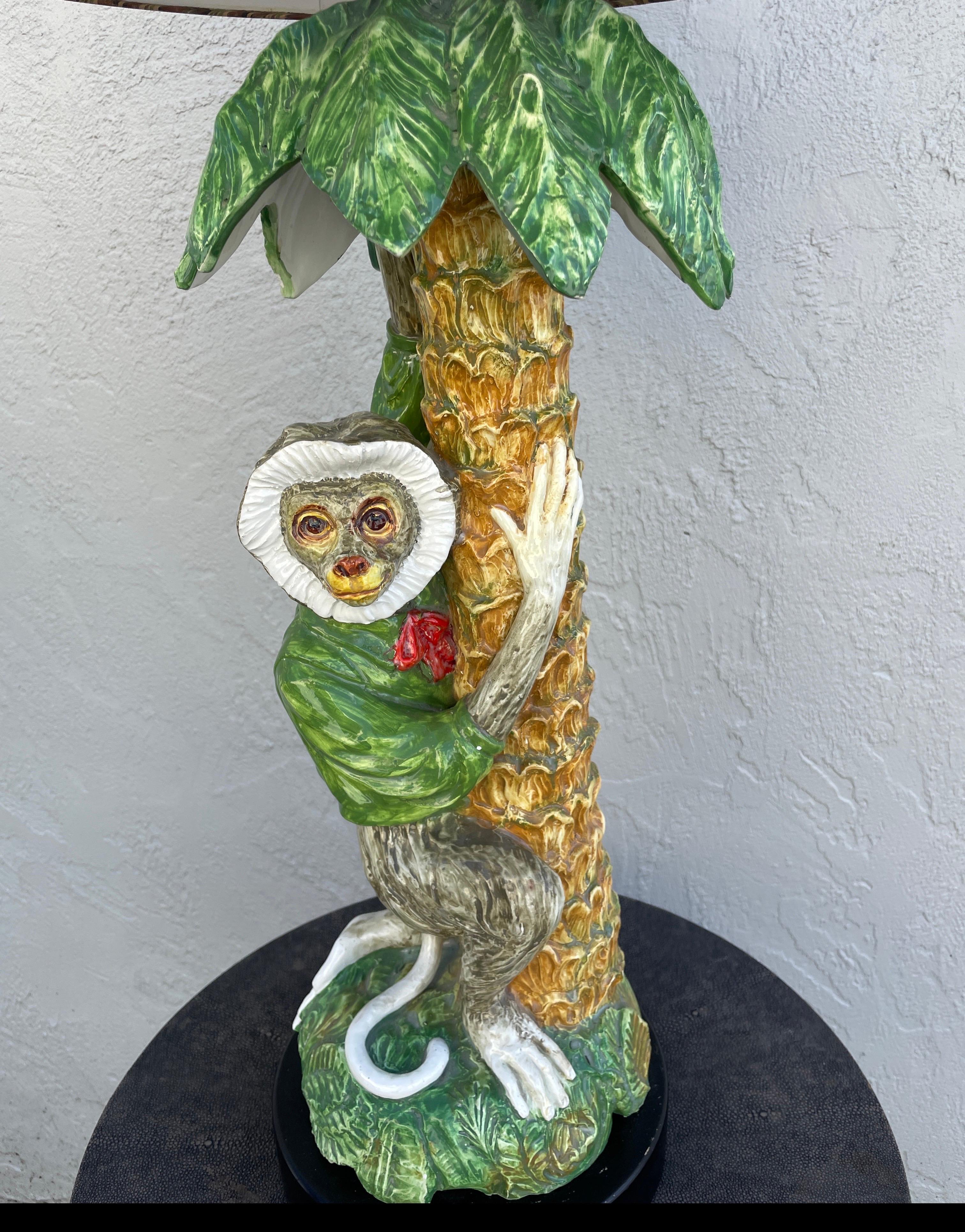 Wonderful Hollywood Regency Style Italian Monkey & Palm Tree table lamp with original shade. A very unique and rare piece.