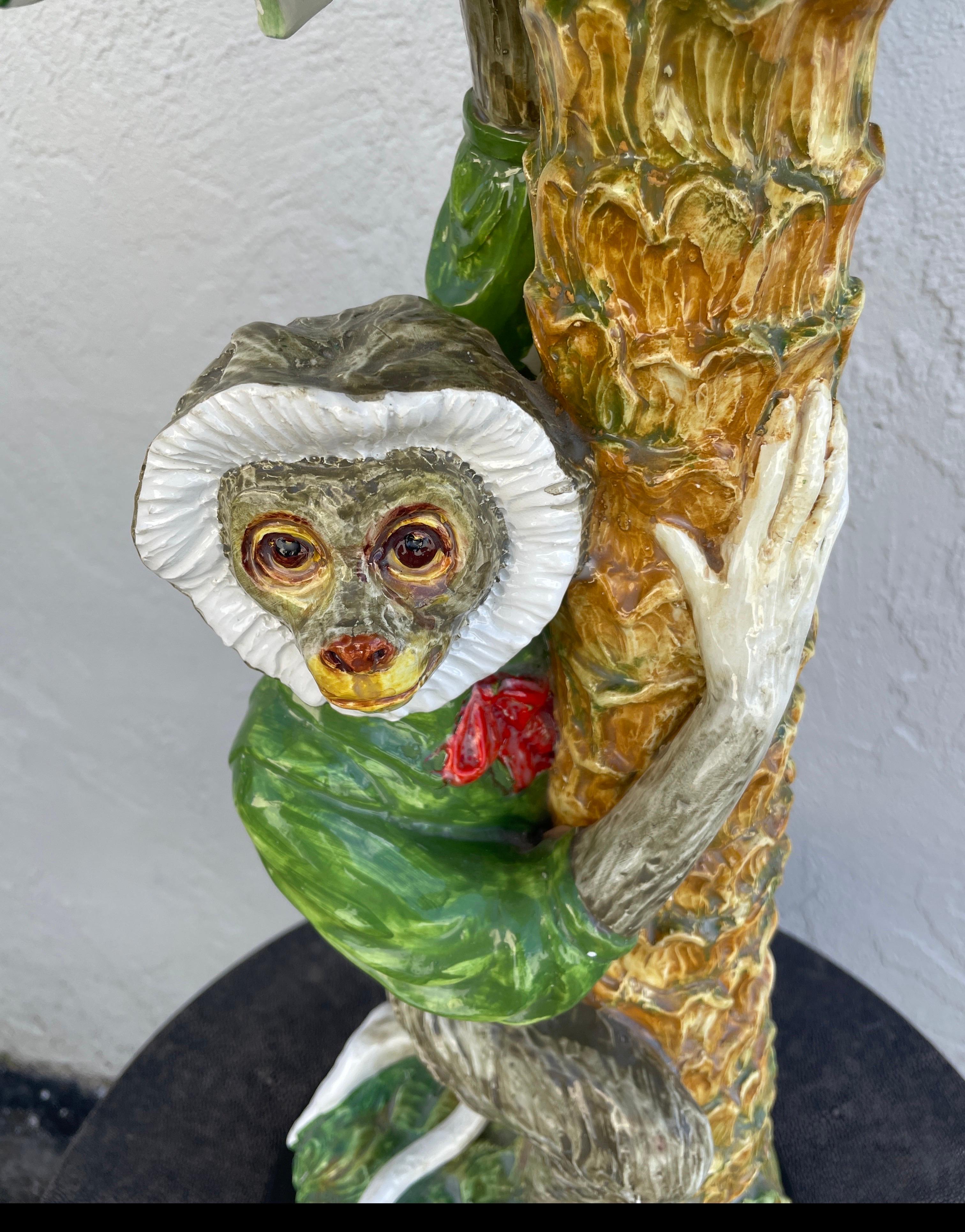 Hollywood Regency Vintage Large Rare Italian Terra Cotta Monkey & Palm Tree Table lamp For Sale