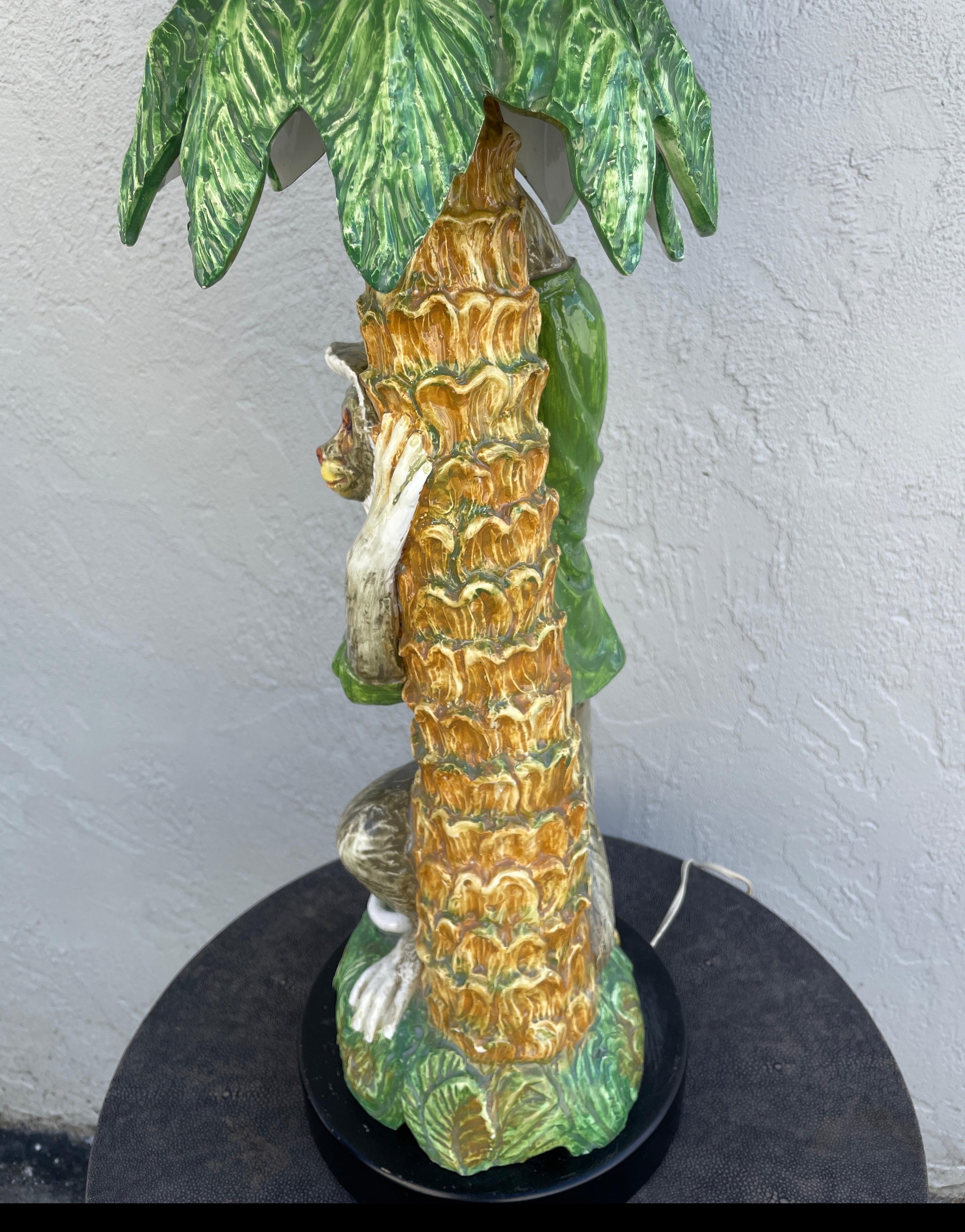 Vintage Large Rare Italian Terra Cotta Monkey & Palm Tree Table lamp For Sale 1