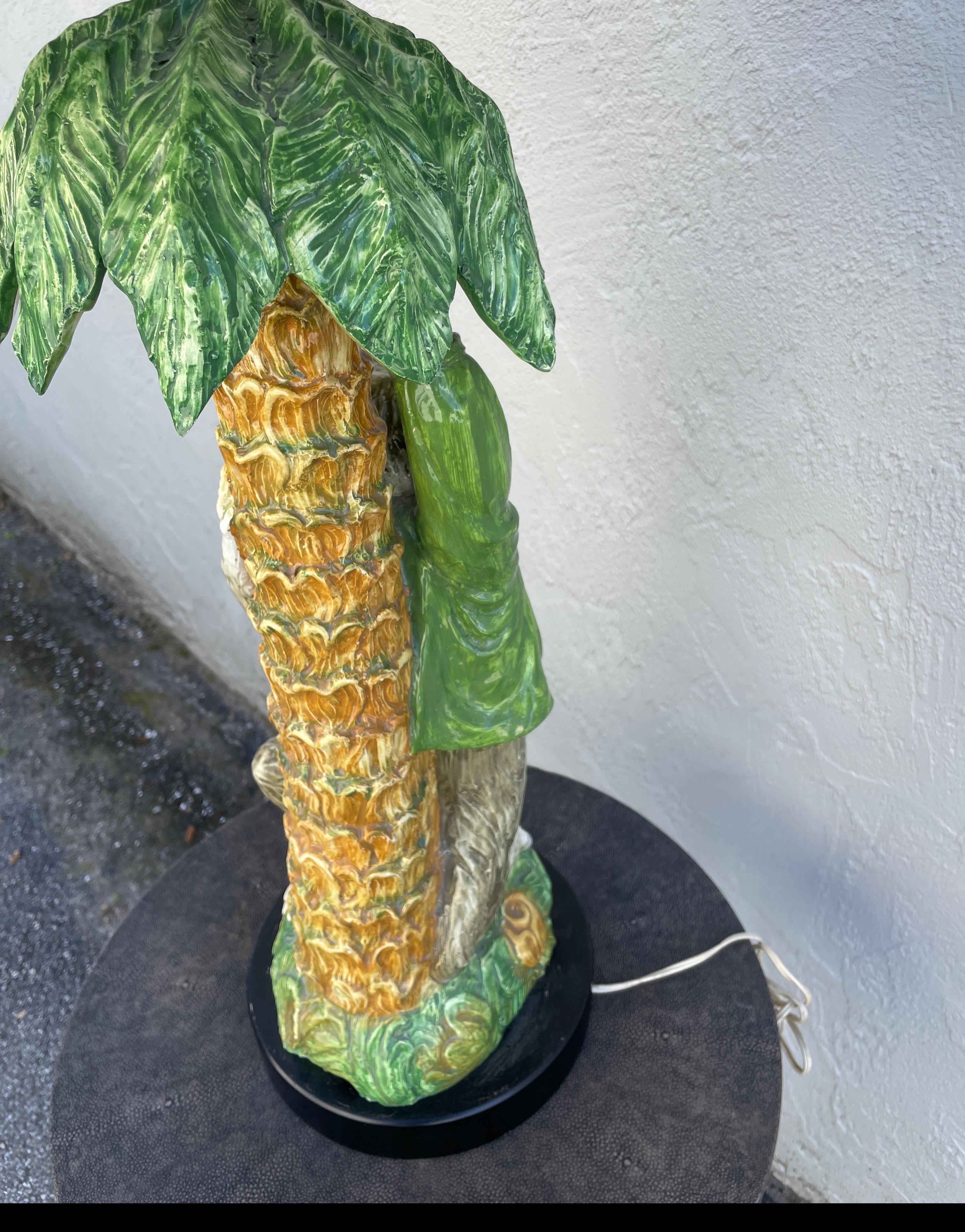 Vintage Large Rare Italian Terra Cotta Monkey & Palm Tree Table lamp For Sale 2