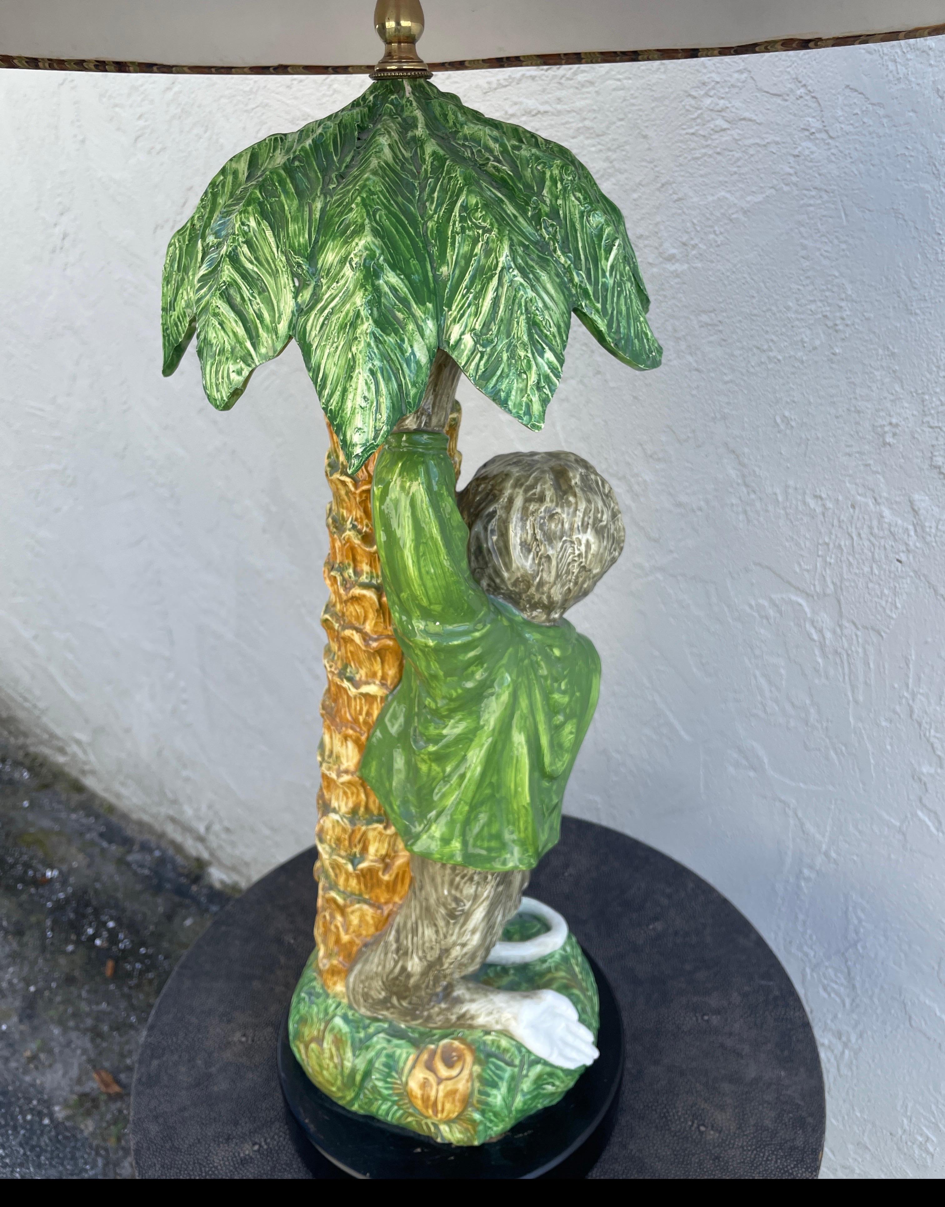 Vintage Large Rare Italian Terra Cotta Monkey & Palm Tree Table lamp For Sale 3