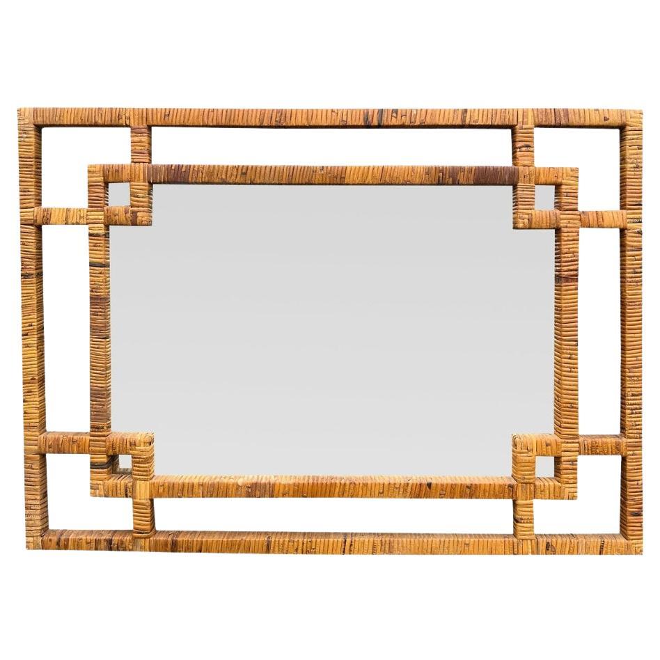 Vintage Large Rattan Wicker Wrapped Wall Mirror in Chippendale Chinoiserie Style