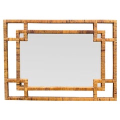 Vintage Large Rattan Wicker Wrapped Wall Mirror in Chippendale Chinoiserie Style