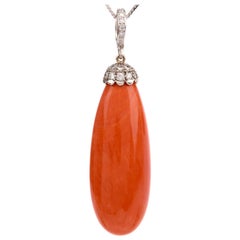 Vintage Large Red Coral Diamond 18 Karat Pendant-Enhancer