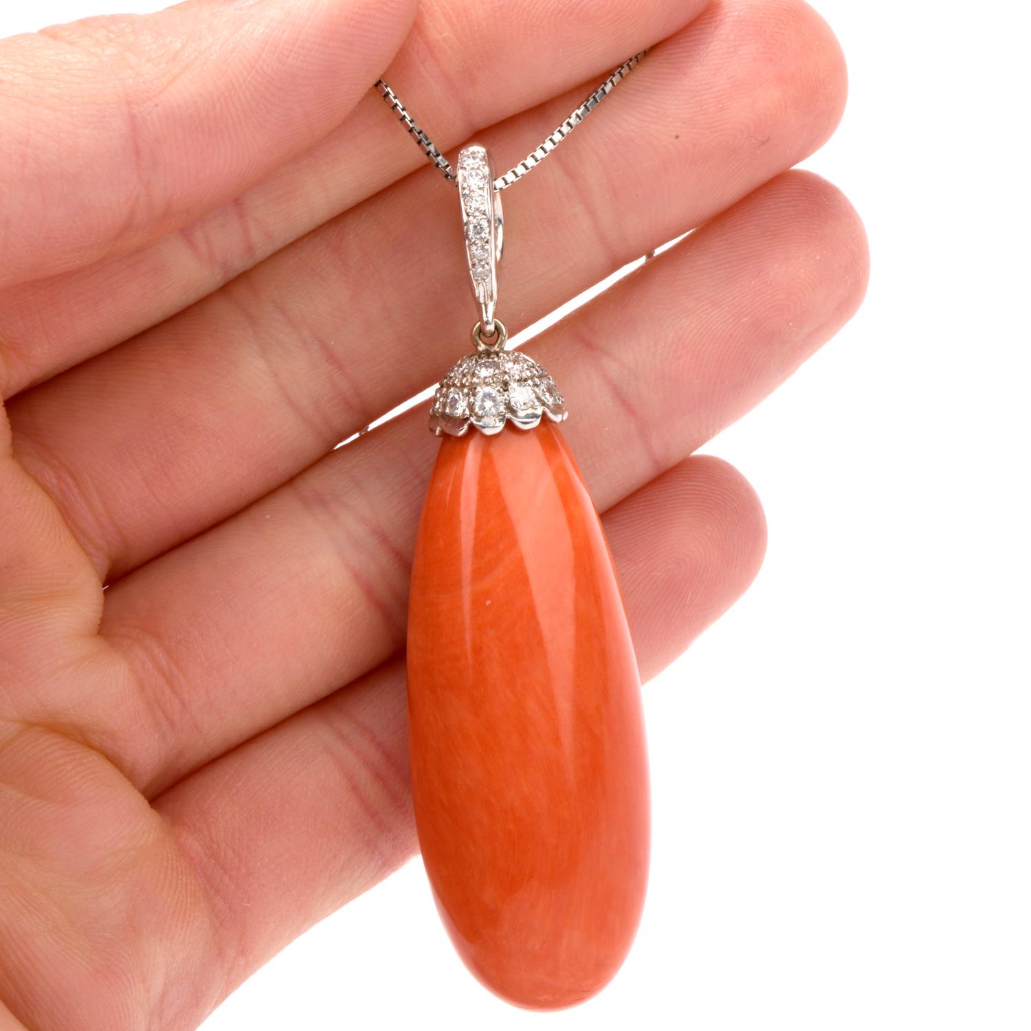 Pear Cut Vintage Large Red Coral Diamond 18 Karat Pendant-Enhancer