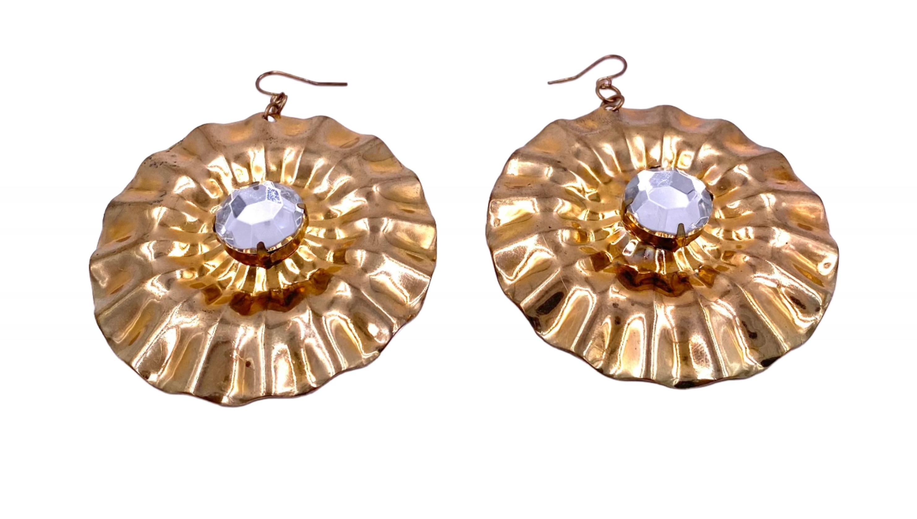 Women's Vintage Large Round Gold Earrings with Large Center Crystal For Sale