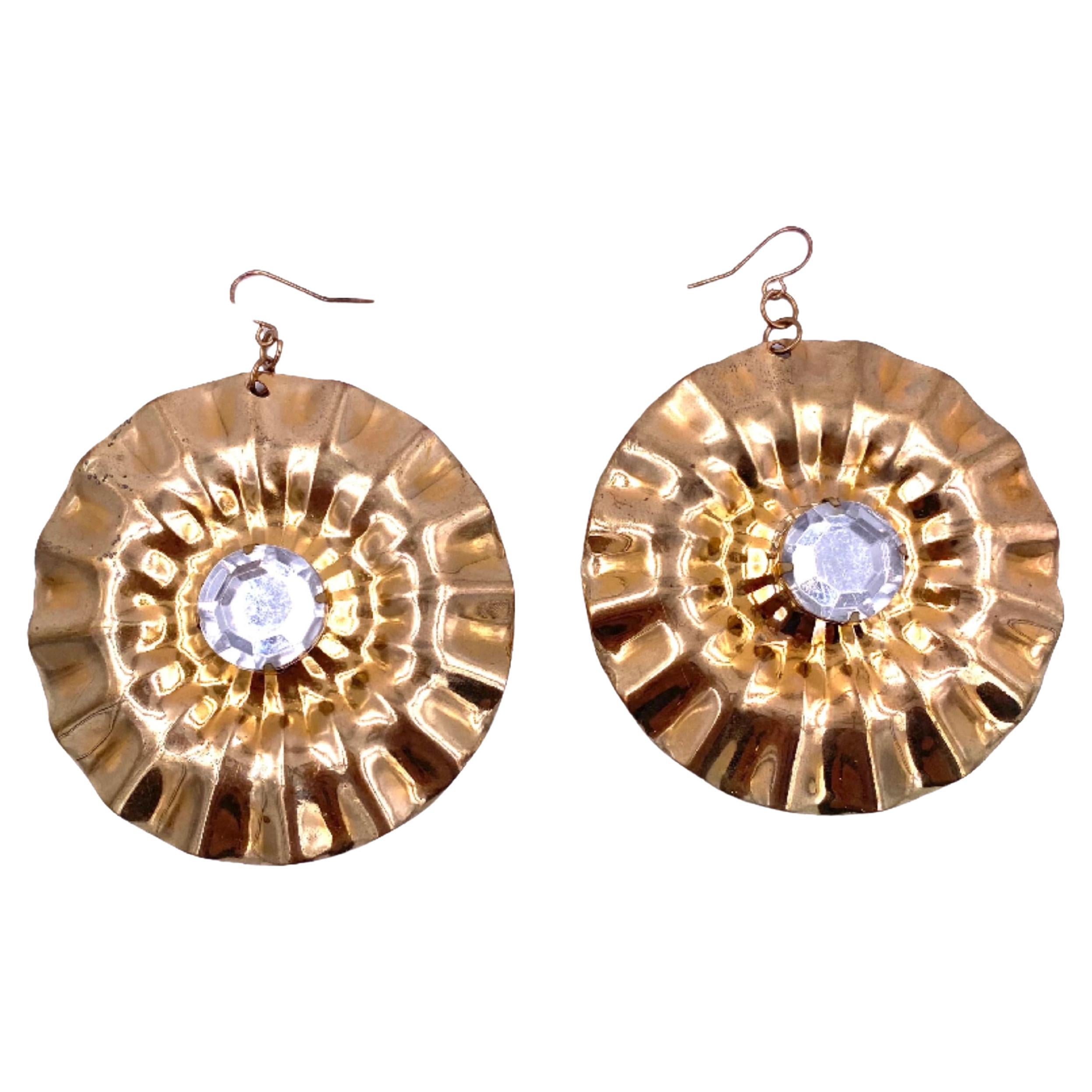 Vintage Large Round Gold Earrings with Large Center Crystal For Sale