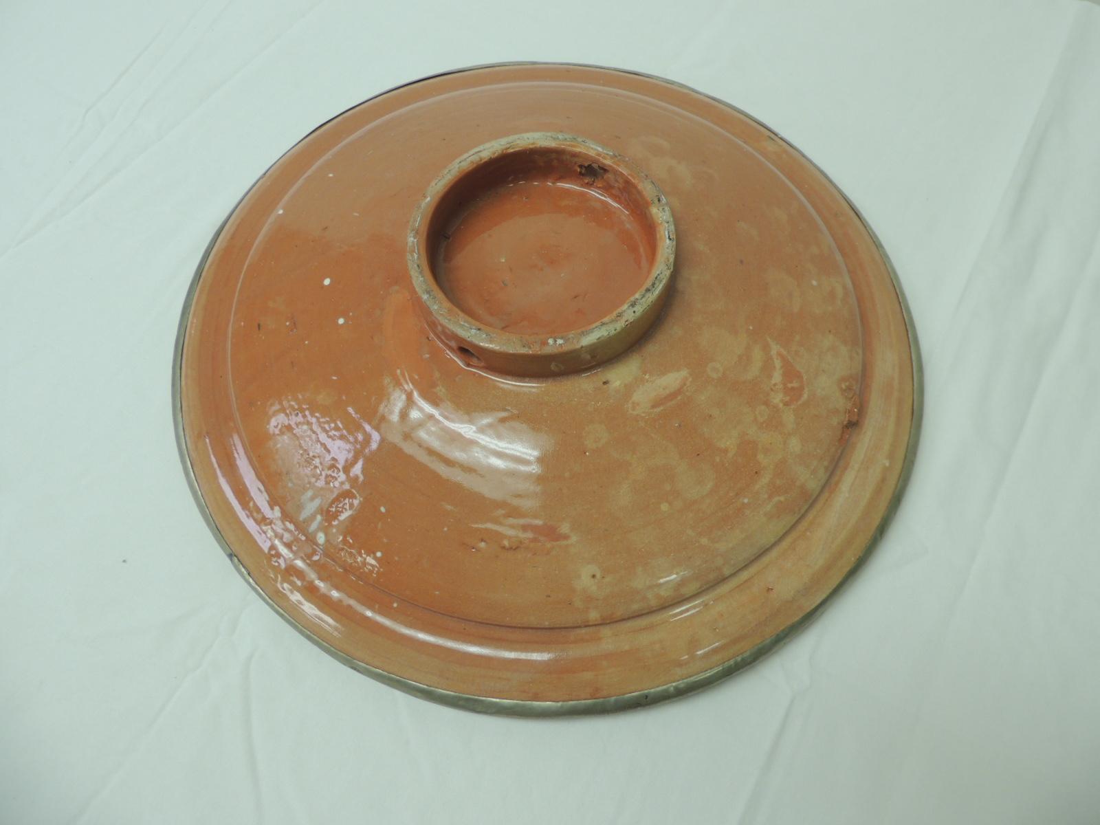 Hand-Crafted Vintage Large Round Moroccan Terracotta Serving Bowl with Tin Metal Adornments For Sale