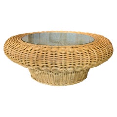 Vintage Large Round Mushroom Shaped Rattan Coffee Table