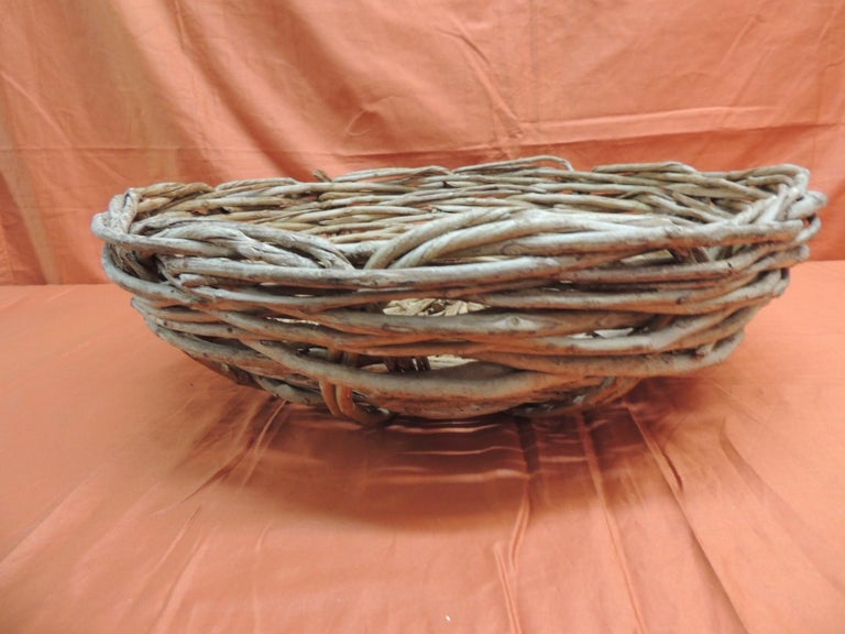 Vintage Large Round Primitive Style Willow Woven Basket/ Bowl For Sale