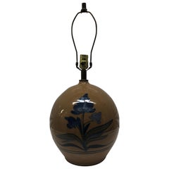 Vintage Large Round Stoneware Glazed Hand Painted Table Lamp