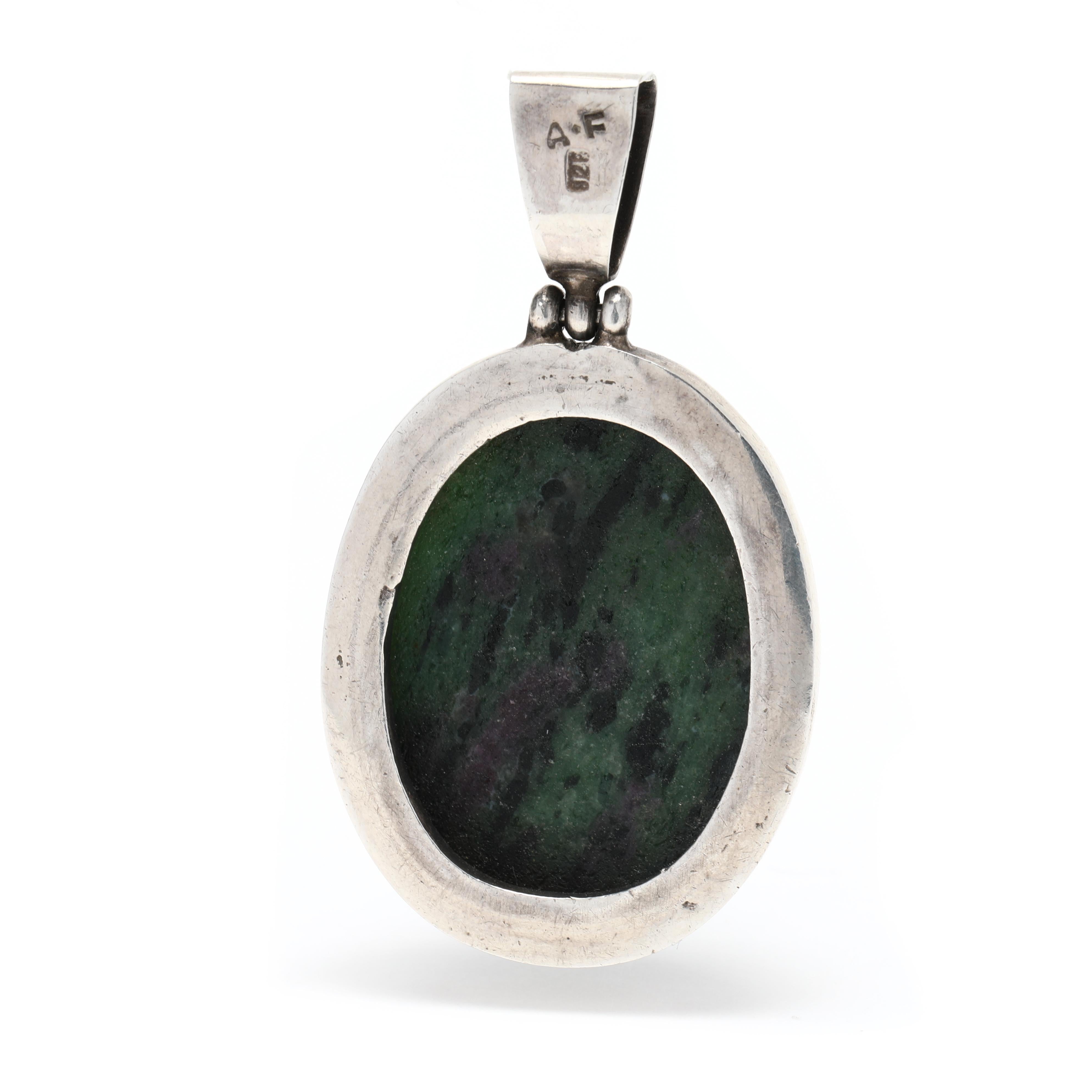 Oval Cut Vintage Large Ruby in Zoisite Pendant, Sterling Silver, Length 2 Inches, Oval For Sale