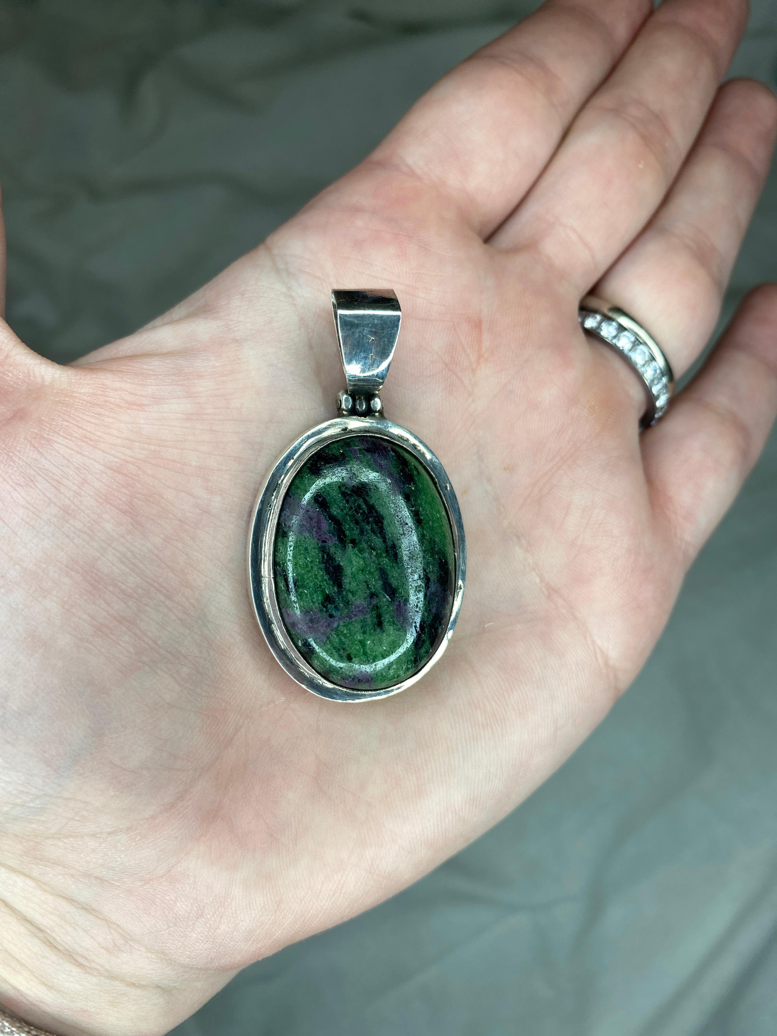 Women's or Men's Vintage Large Ruby in Zoisite Pendant, Sterling Silver, Length 2 Inches, Oval For Sale