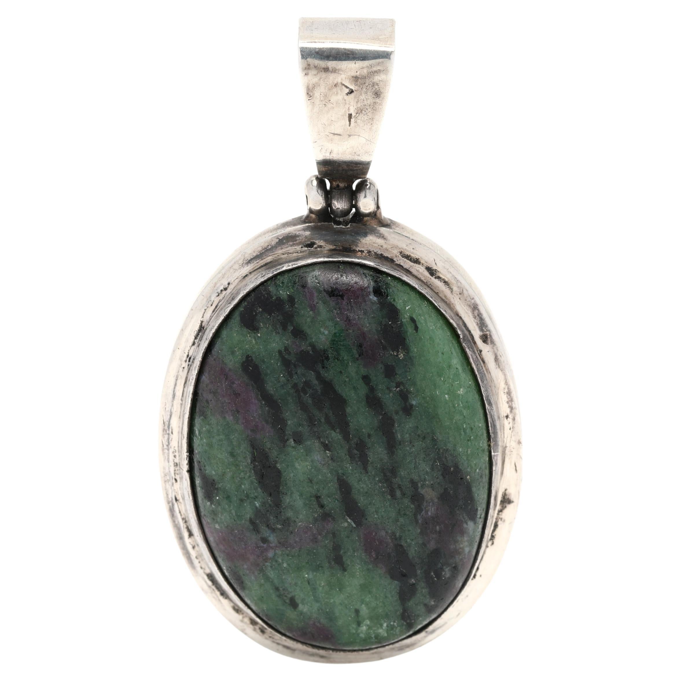 Vintage Large Ruby in Zoisite Pendant, Sterling Silver, Length 2 Inches, Oval For Sale