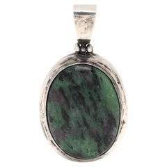 Vintage Large Ruby in Zoisite Pendant, Sterling Silver, Length 2 Inches, Oval