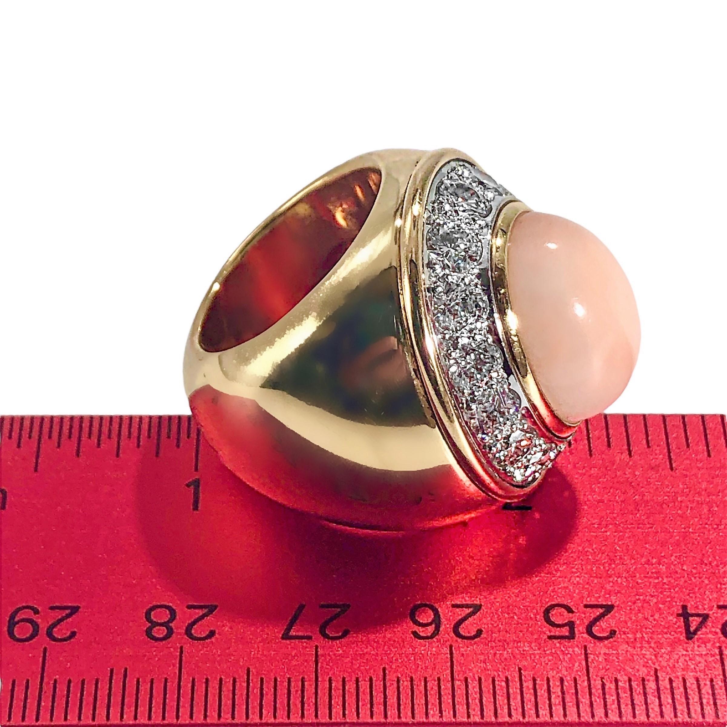 Vintage Large Scale 18K Yellow Gold, Diamond and Angel Skin Coral Cocktail Ring For Sale 4