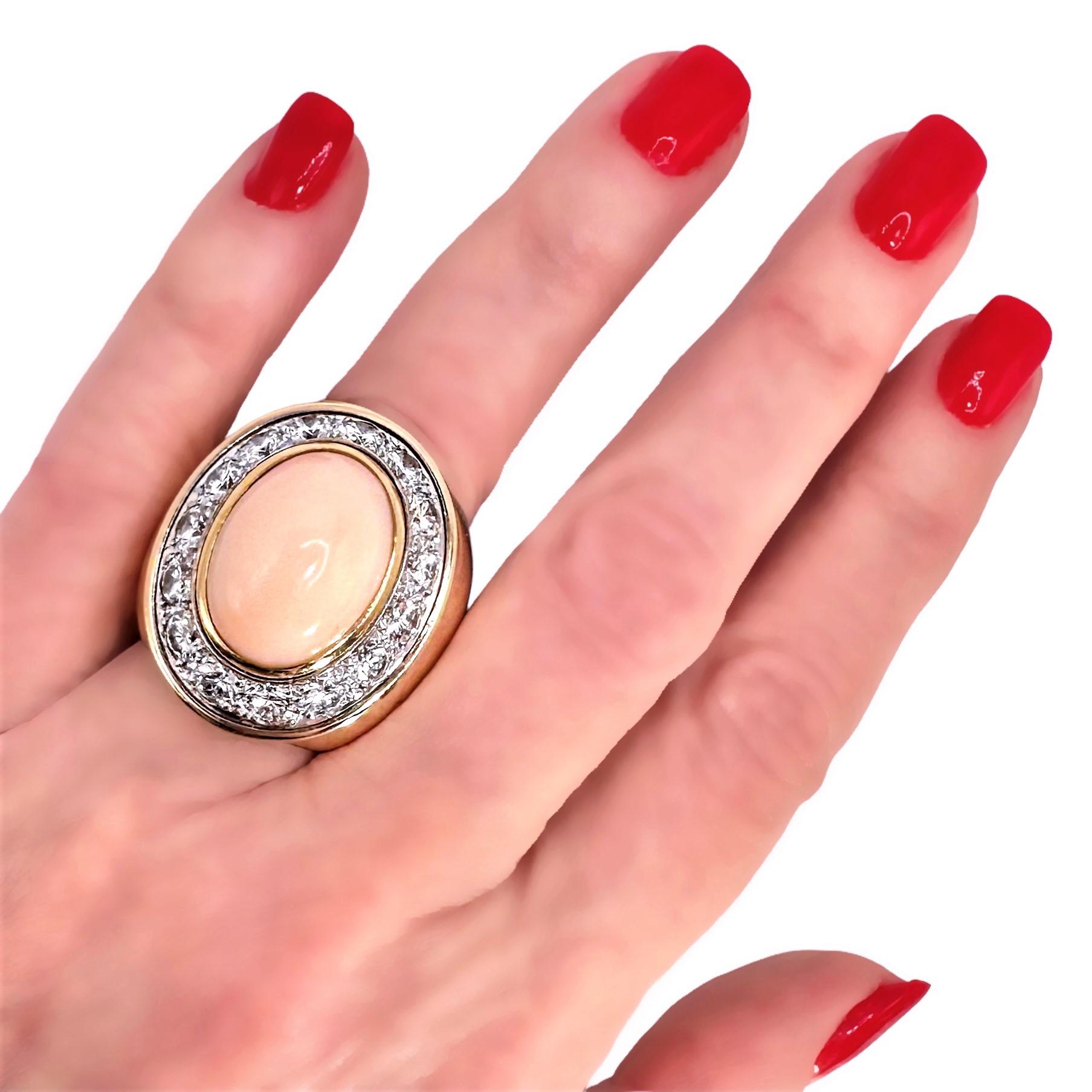 Vintage Large Scale 18K Yellow Gold, Diamond and Angel Skin Coral Cocktail Ring For Sale 6